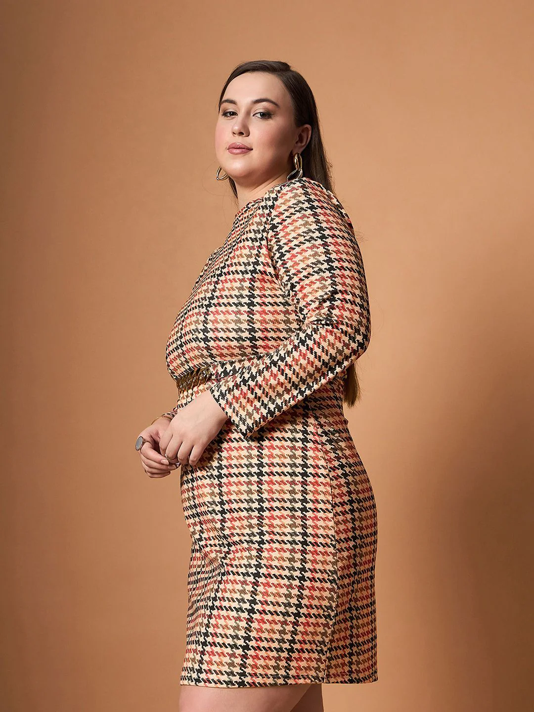 SASSAFRAS Curve Embellished Checked Sheath Dress - Image 5