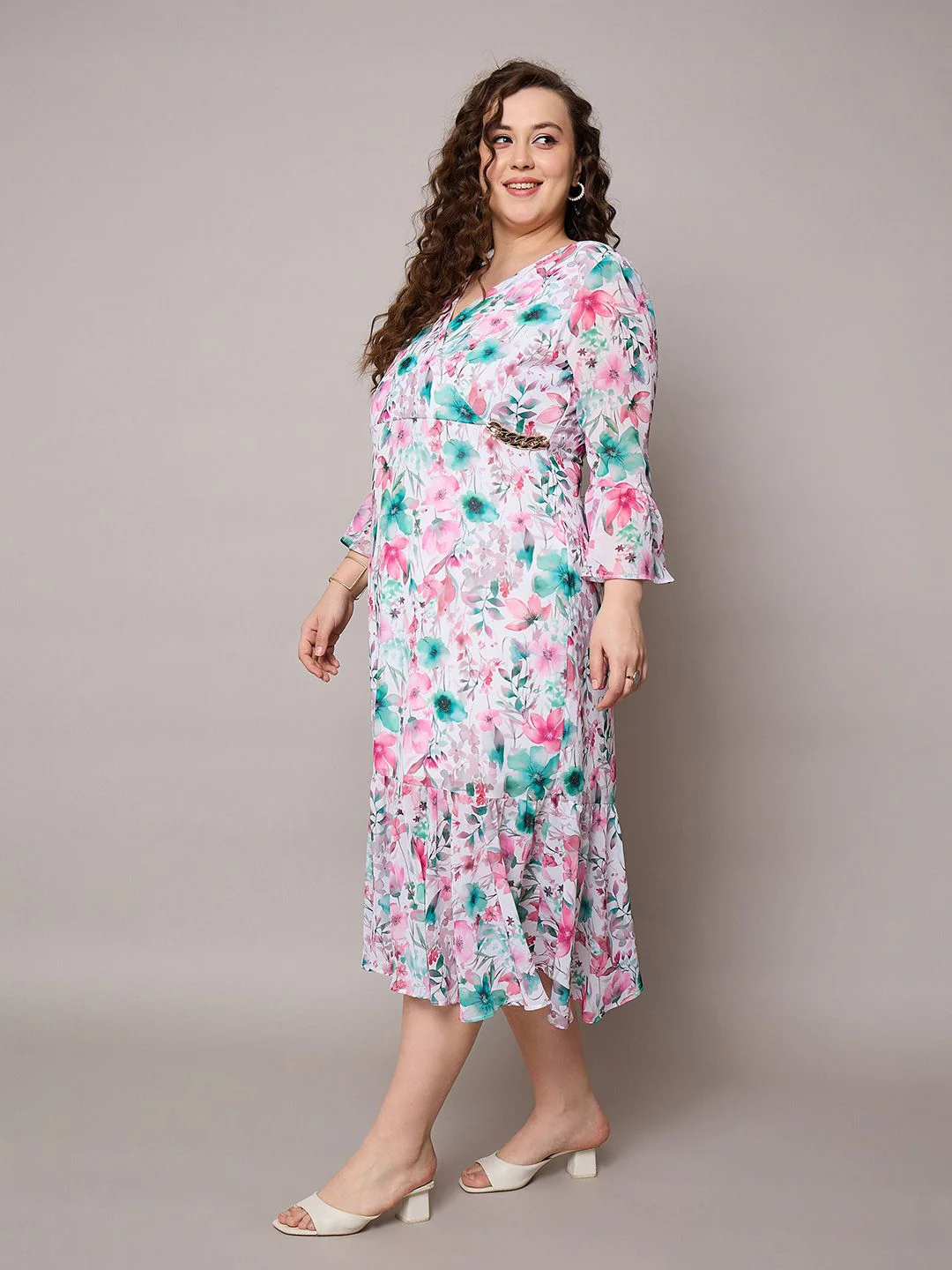 SASSAFRAS Curve Floral Print Flared Sleeve Georgette Midi Dress - Image 2