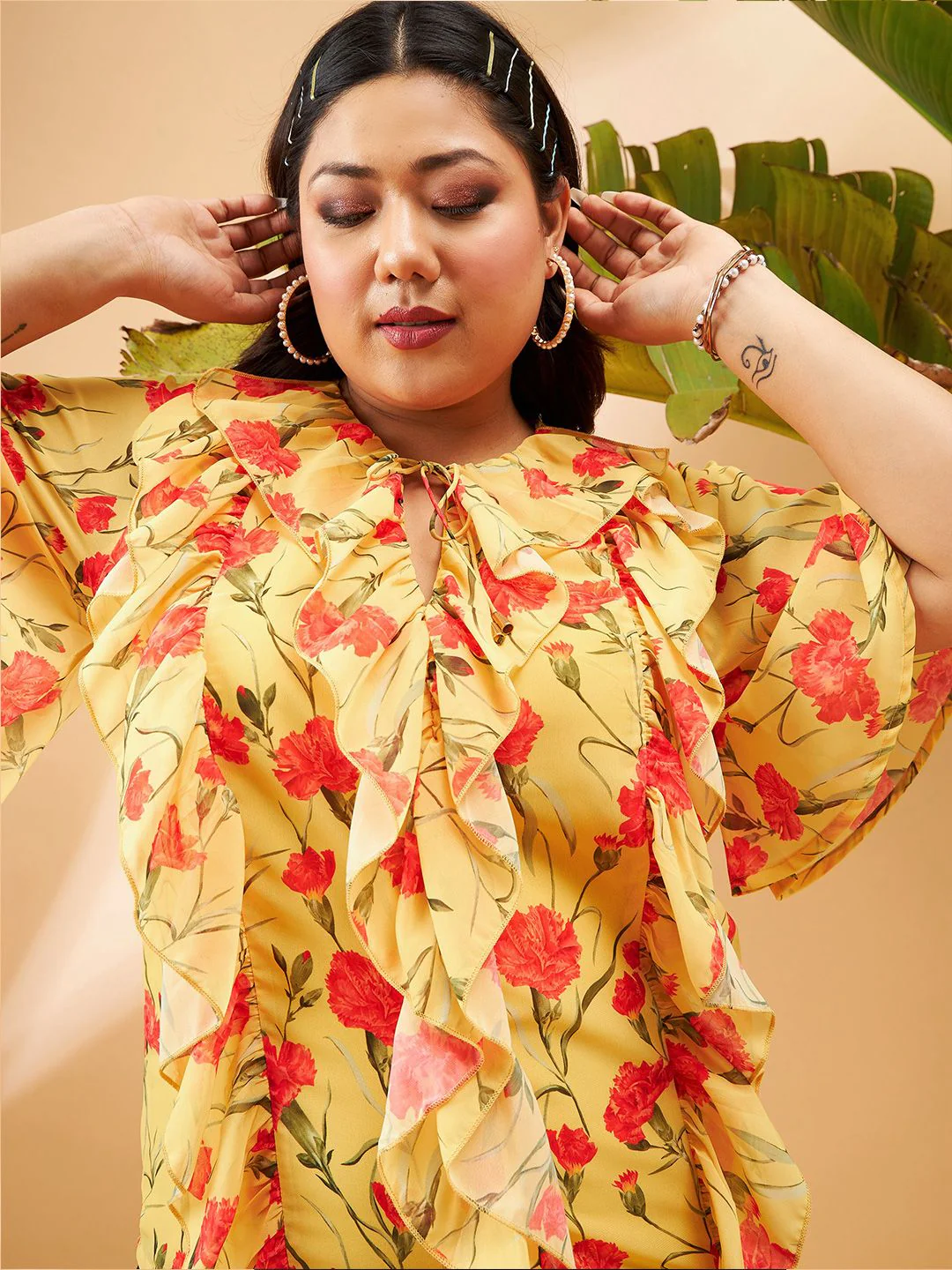 SASSAFRAS Curve Floral Printed Tie-Up Neck Ruffles Top - Image 2