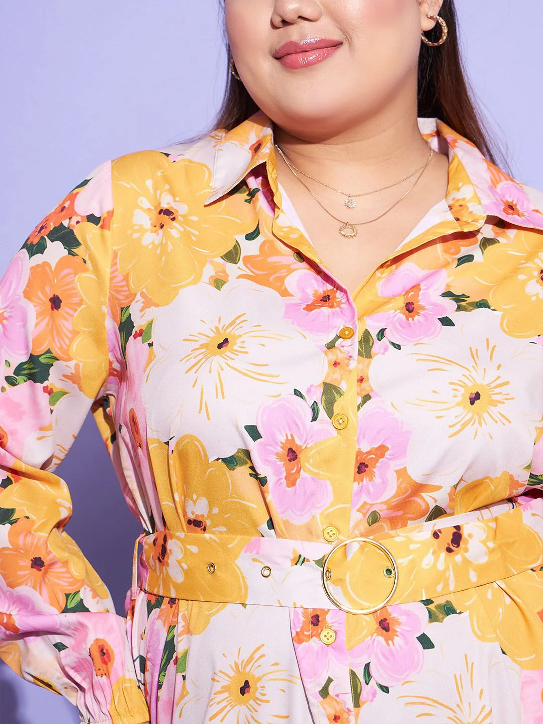 SASSAFRAS Curve Orange Plus Size Floral Printed Puff Sleeves Belted Shirt Dress - Image 2