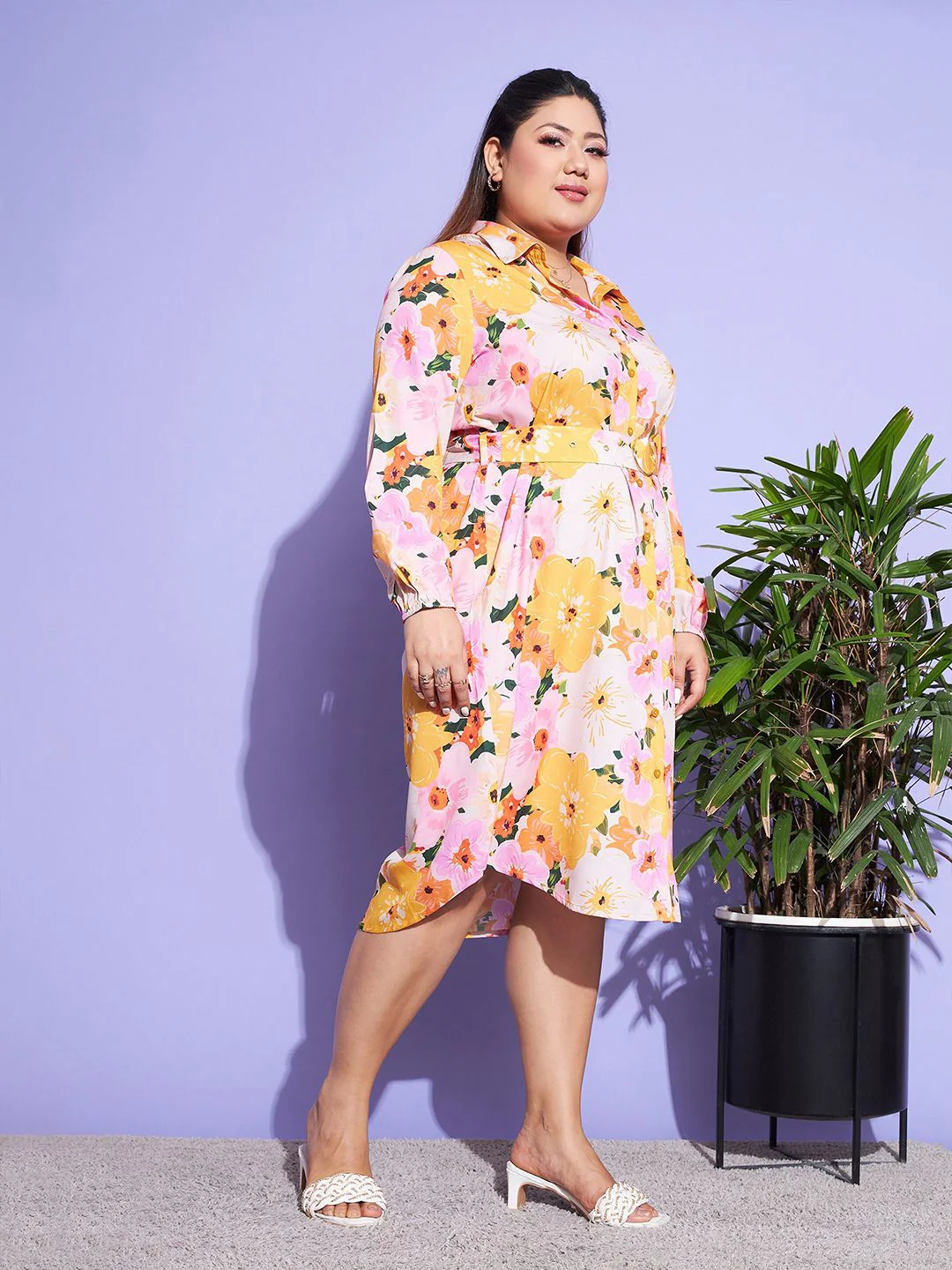 SASSAFRAS Curve Orange Plus Size Floral Printed Puff Sleeves Belted Shirt Dress - Image 3