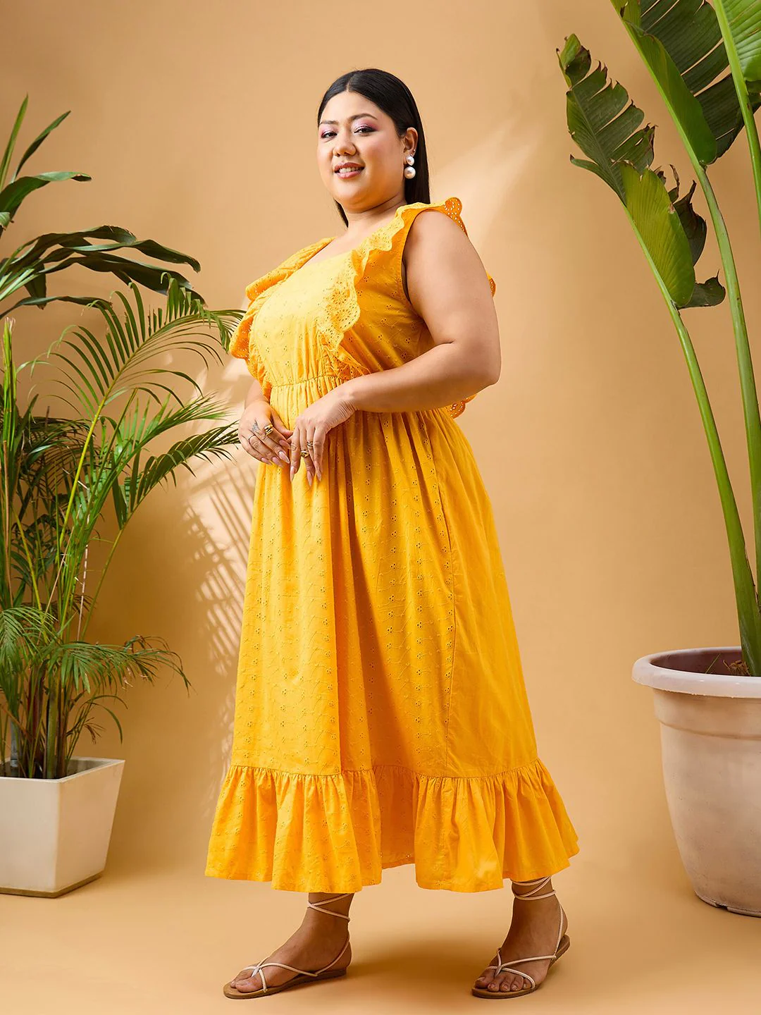 SASSAFRAS Curve Plus Size Fit & Flare Pure Cotton Midi Dress - Image 5