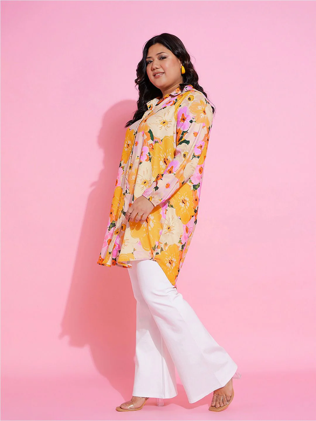 SASSAFRAS Curve Plus Size Floral Printed Comfort Longline Casual Shirt - Image 3