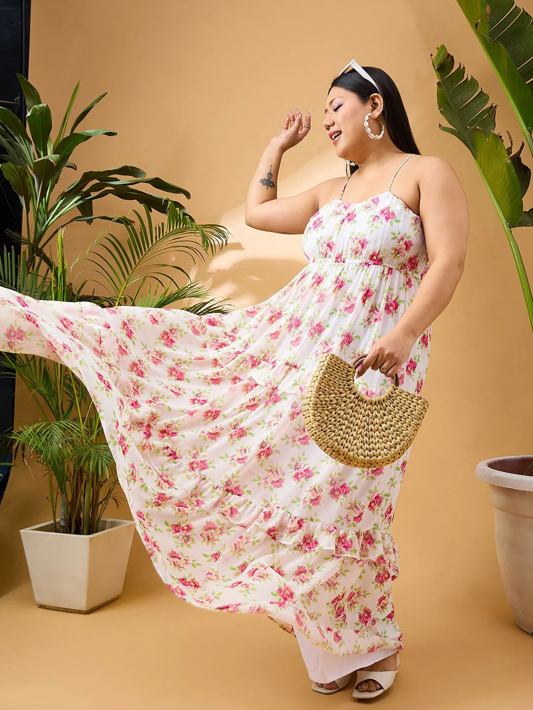 SASSAFRAS Curve Plus Size Floral Printed Shoulder Straps Tiered Georgette Maxi Dress - Image 5