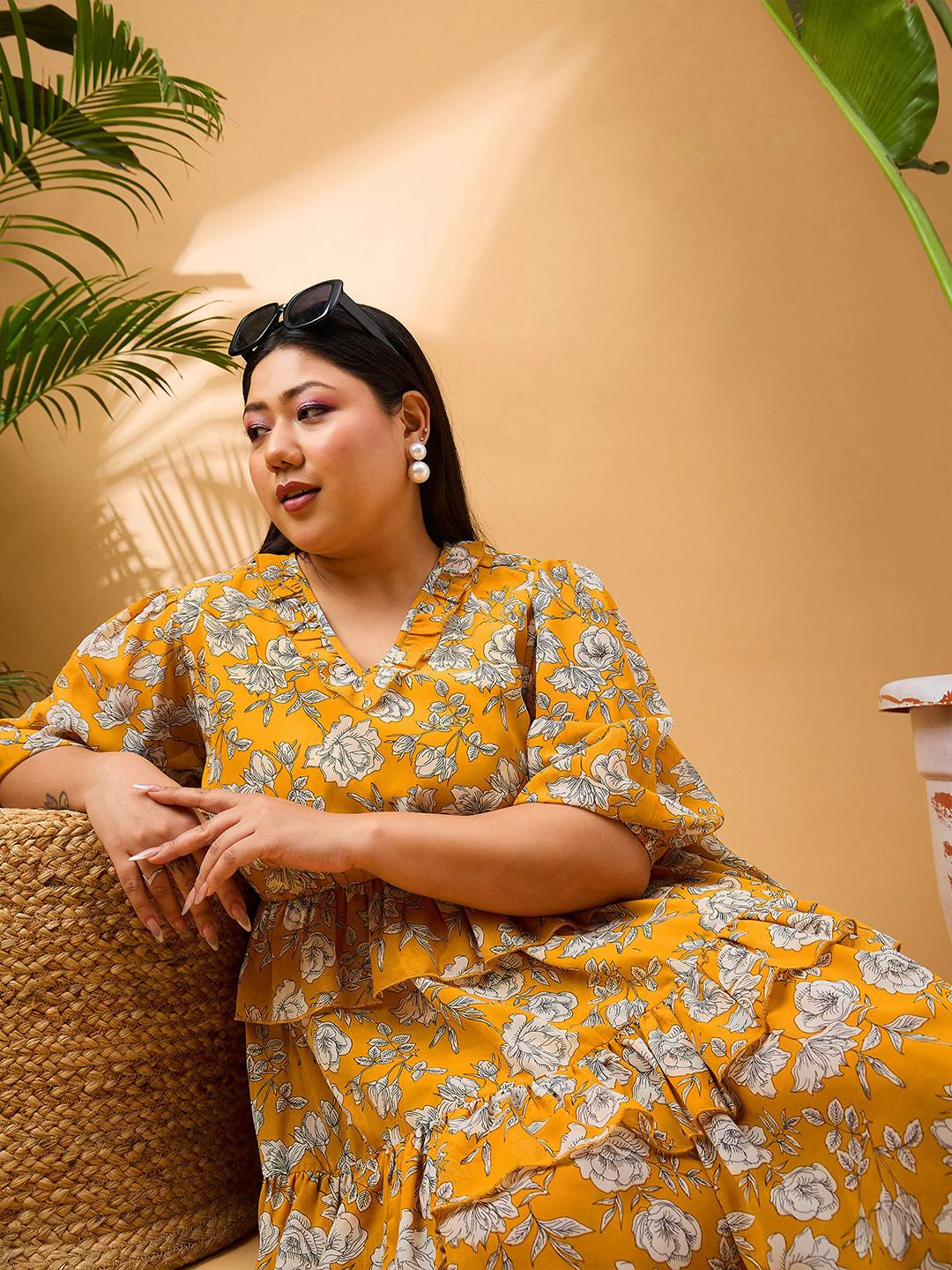 SASSAFRAS Curve Plus Size Floral Printed V-Neck Puff Sleeves Ruffle Georgette A-Line Dress - Image 4