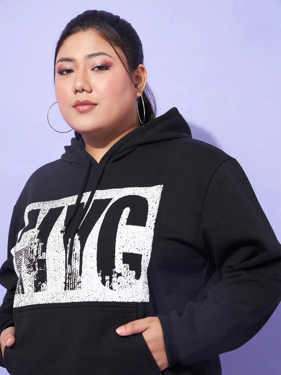 SASSAFRAS Curve Plus Size Hooded Neck Typography Printed Sweatshirt With Joggers Co-Ords - Image 2