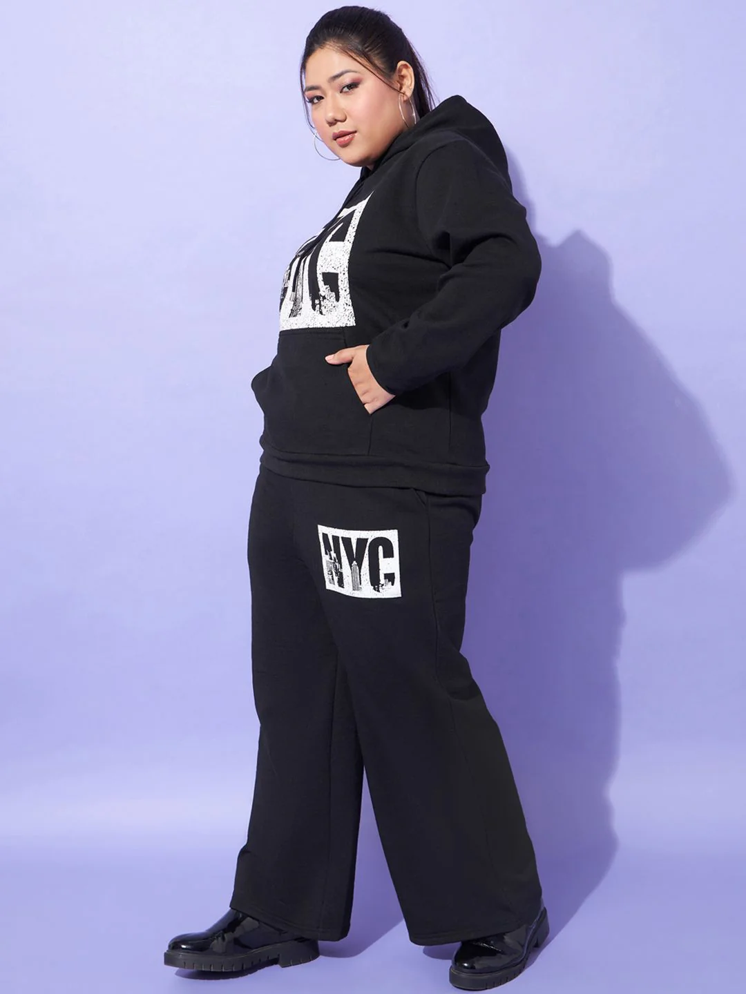 SASSAFRAS Curve Plus Size Hooded Neck Typography Printed Sweatshirt With Joggers Co-Ords - Image 5