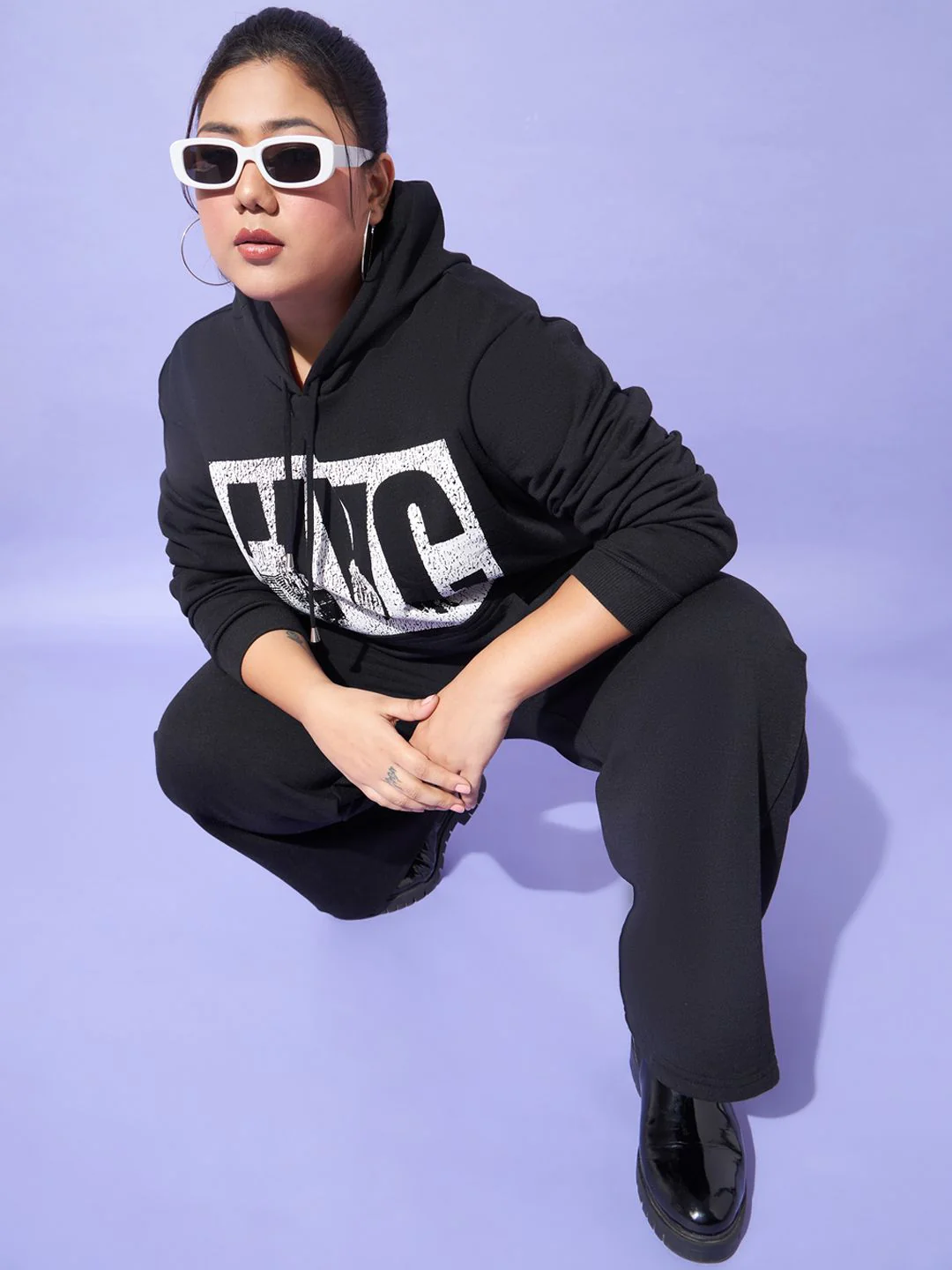 SASSAFRAS Curve Plus Size Hooded Neck Typography Printed Sweatshirt With Joggers Co-Ords - Image 7