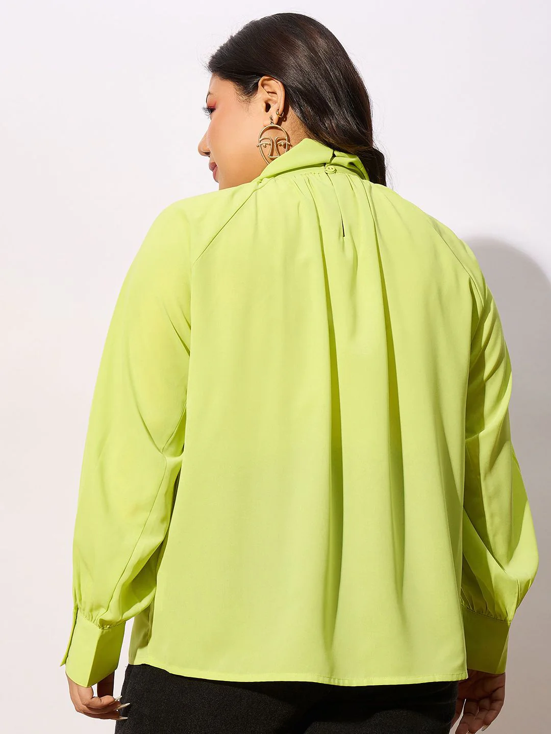 SASSAFRAS Curve Plus Size Keyhole Neck Cuffed Sleeves Georgette Top - Image 5