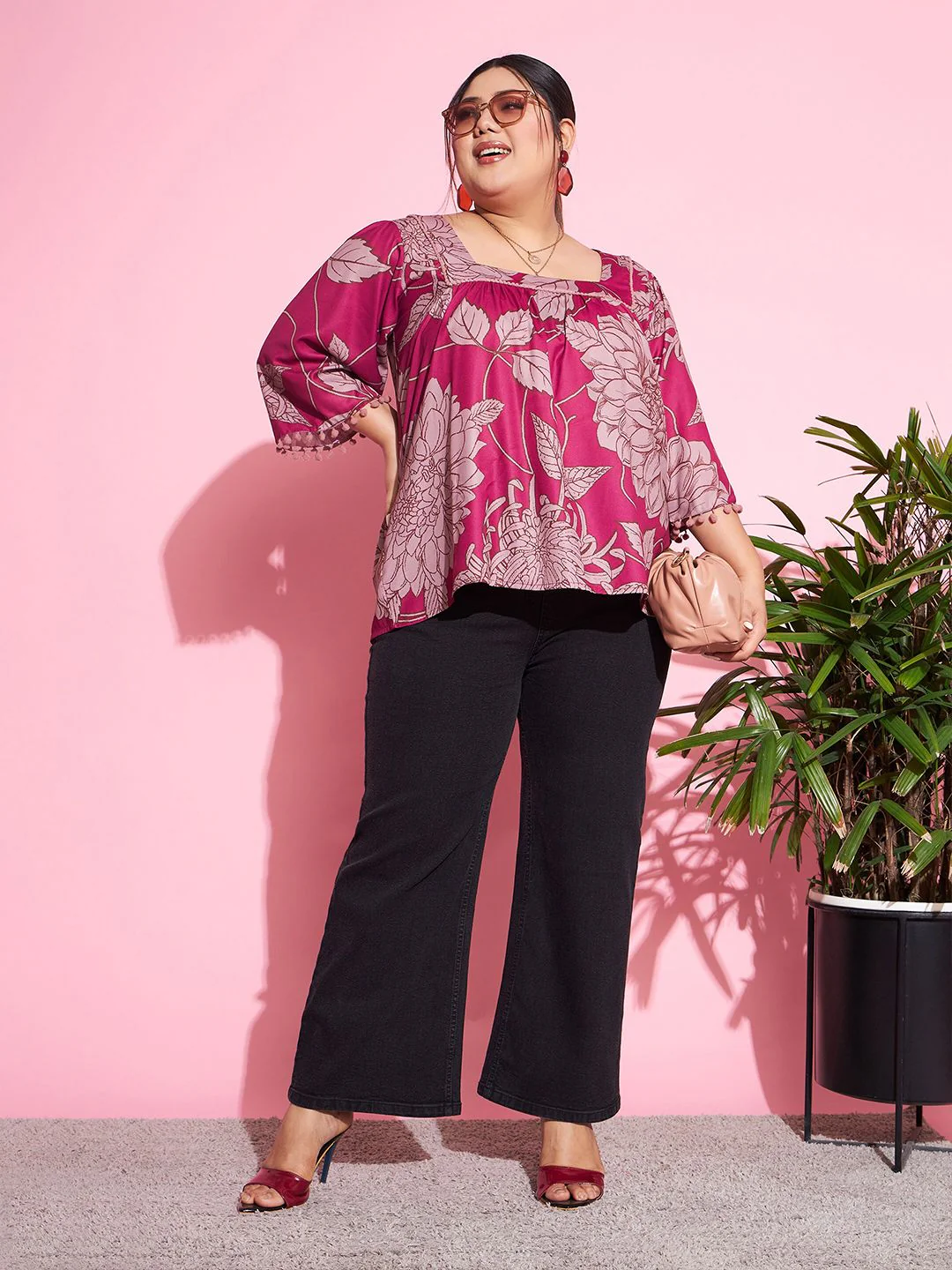 SASSAFRAS Curve Plus Size Magenta Floral Printed Square Neck Top - Image 4