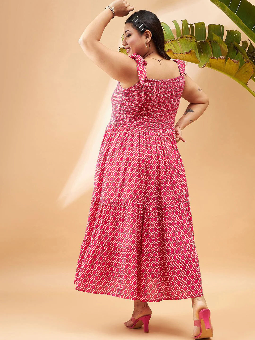 SASSAFRAS Curve Plus Size Pink Geometric Printed Gathered Tiered Fit & Flare Maxi Dress - Image 3