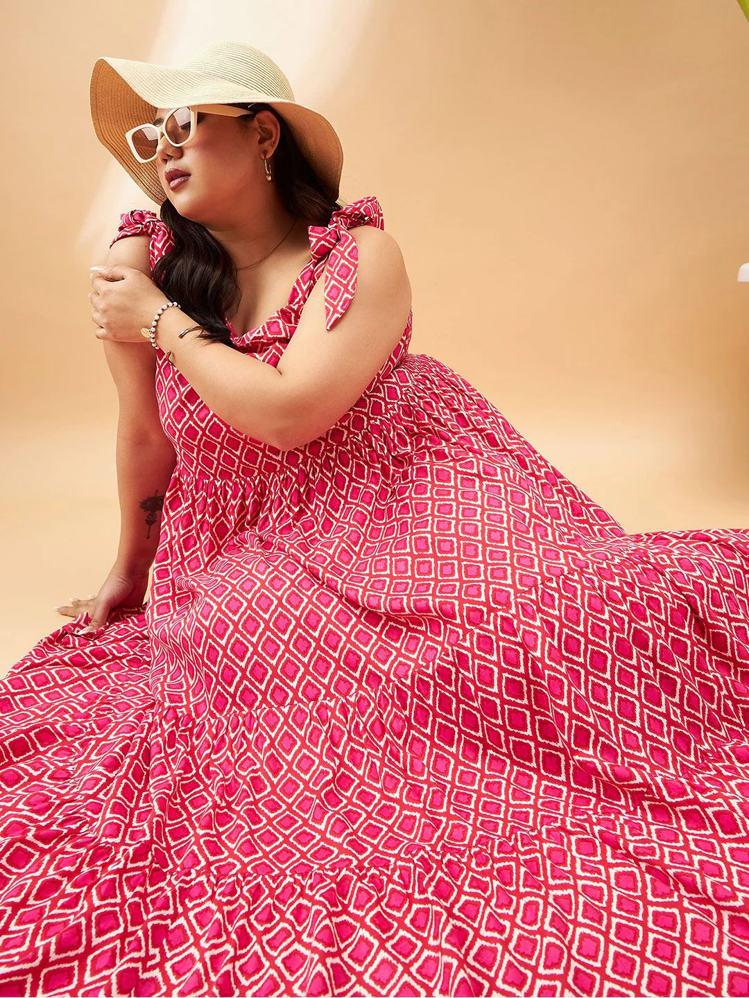 SASSAFRAS Curve Plus Size Pink Geometric Printed Gathered Tiered Fit & Flare Maxi Dress - Image 4
