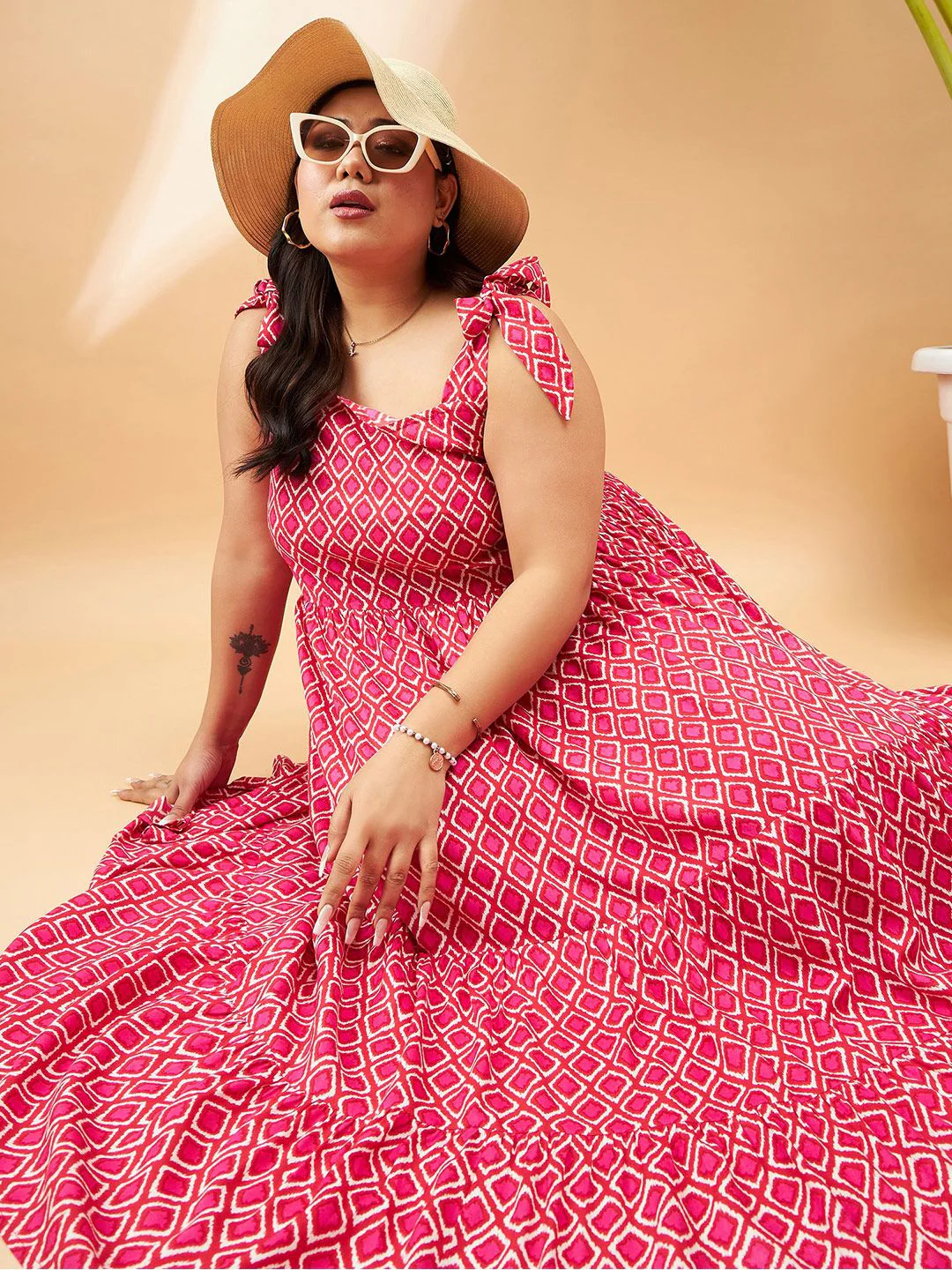 SASSAFRAS Curve Plus Size Pink Geometric Printed Gathered Tiered Fit & Flare Maxi Dress - Image 5