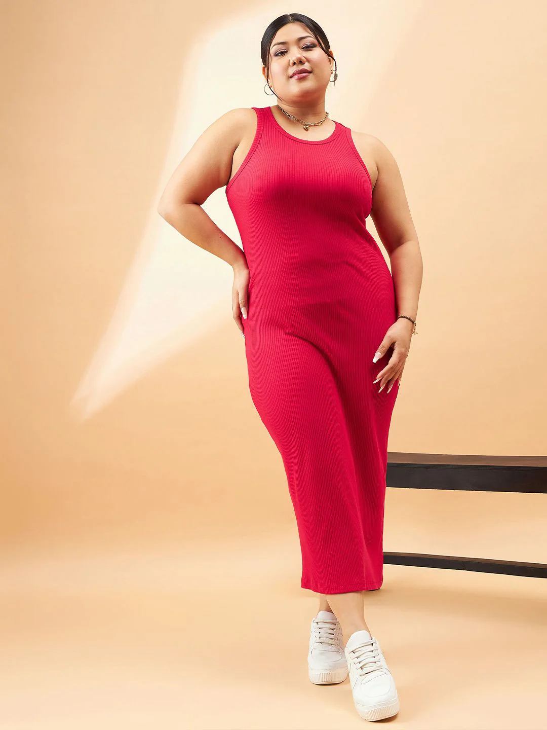 SASSAFRAS Curve Plus Size Red Ribbed Sleeveless Sheath Midi Dress With Shrug - Image 3