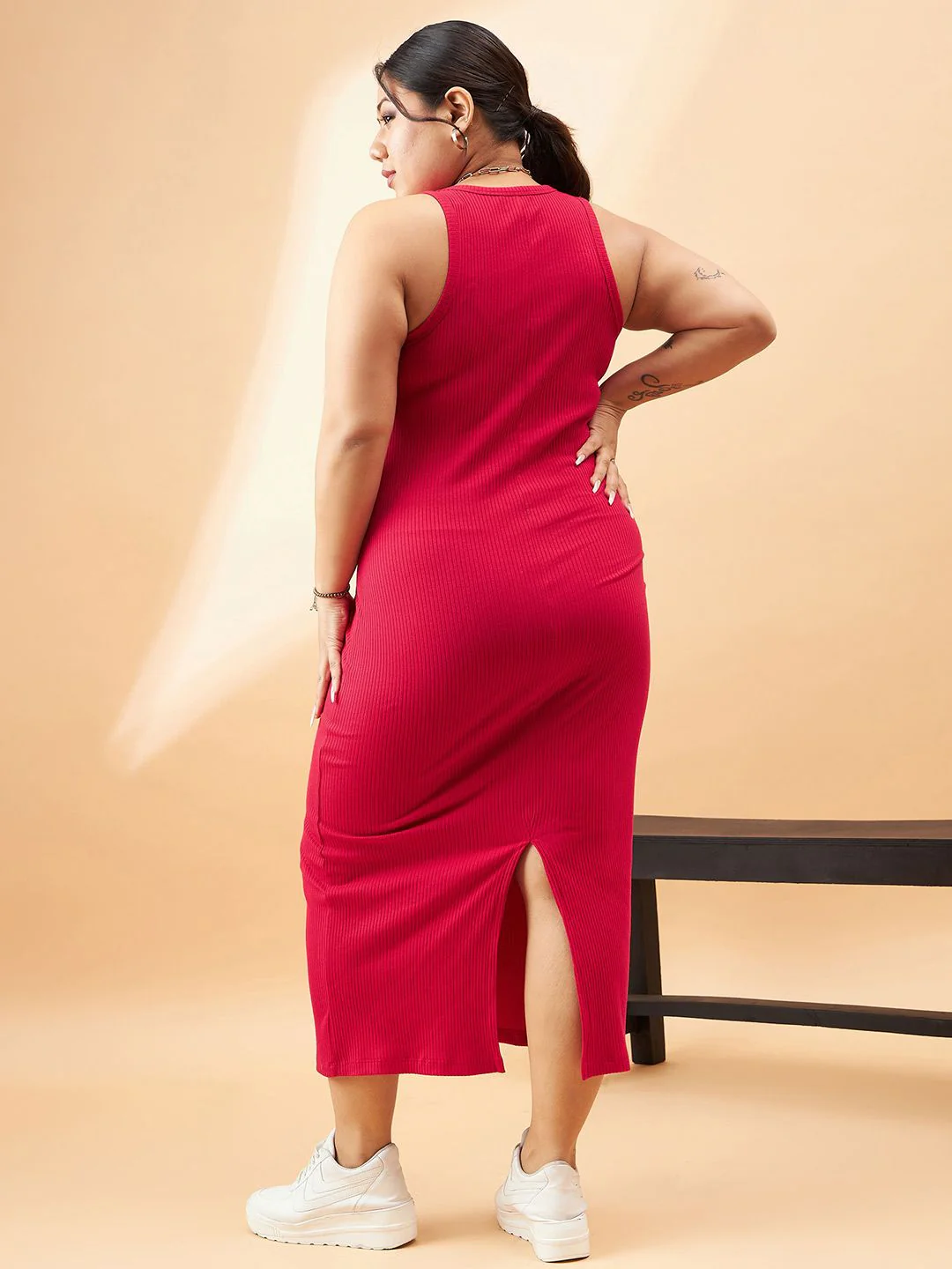 SASSAFRAS Curve Plus Size Red Ribbed Sleeveless Sheath Midi Dress With Shrug - Image 6