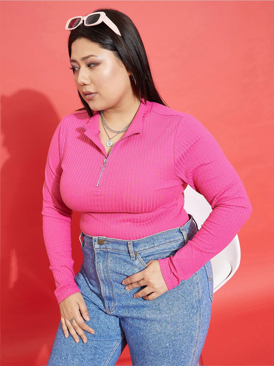 SASSAFRAS Curve Plus Size Self Design Shirt Collar Front Zip Detail Top - Image 6