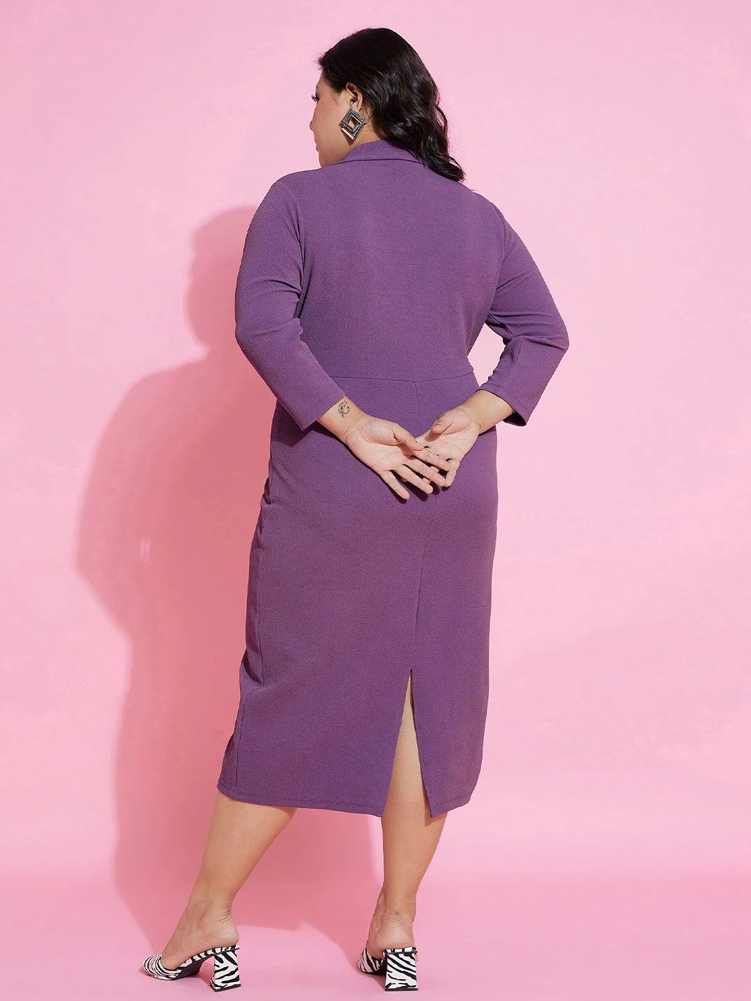 SASSAFRAS Curve Plus Size Shirt Collar Wrap Midi Dress - Image 4