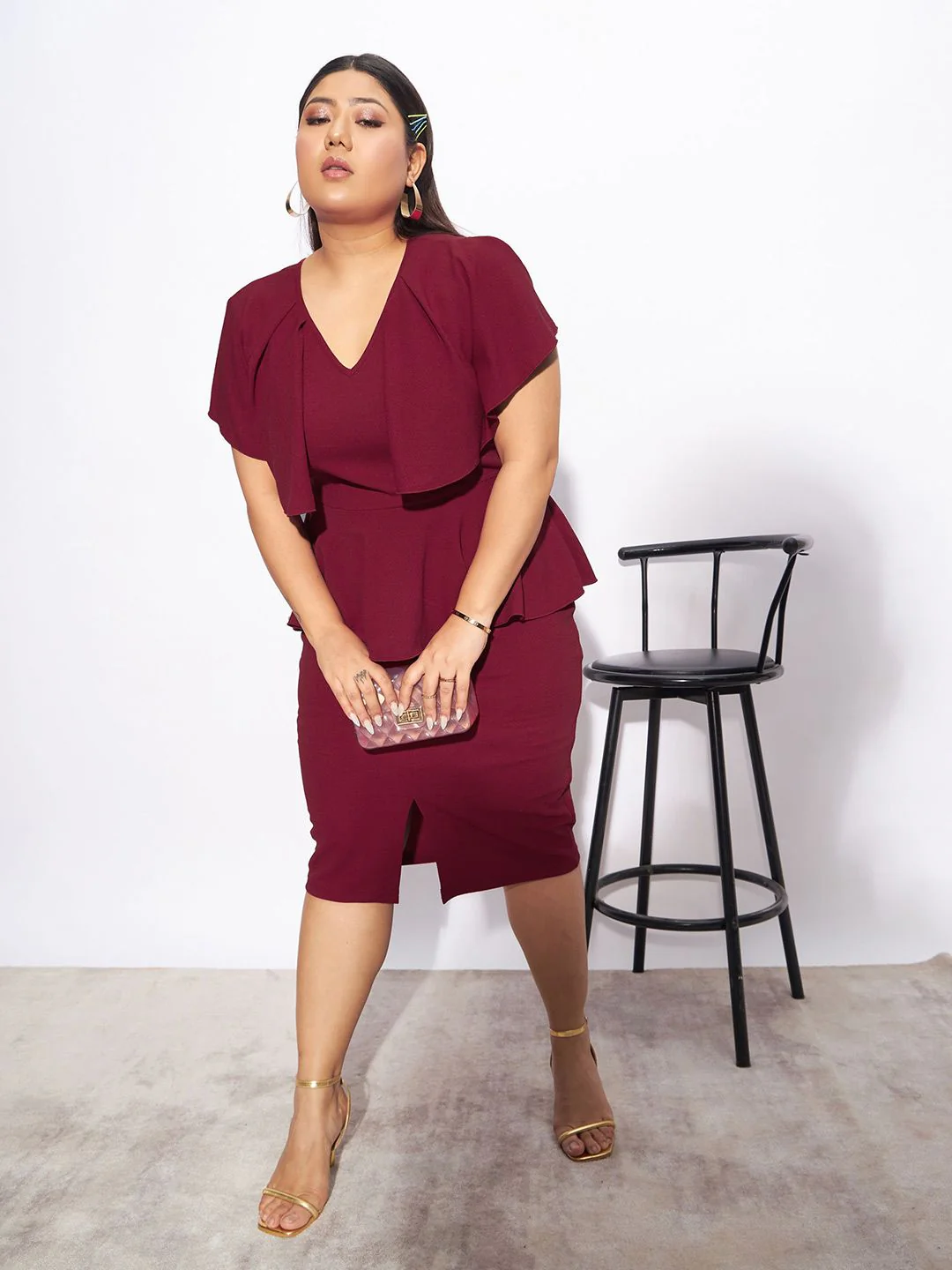 SASSAFRAS Curve Plus Size V-Neck Peplum Midi Dress - Image 6