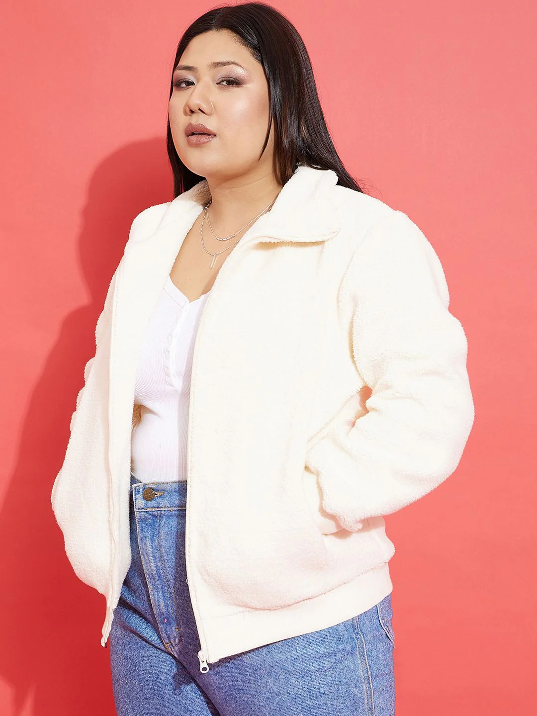 SASSAFRAS Curve Plus Size White Self Design Mock Collar Bomber Jacket - Image 3