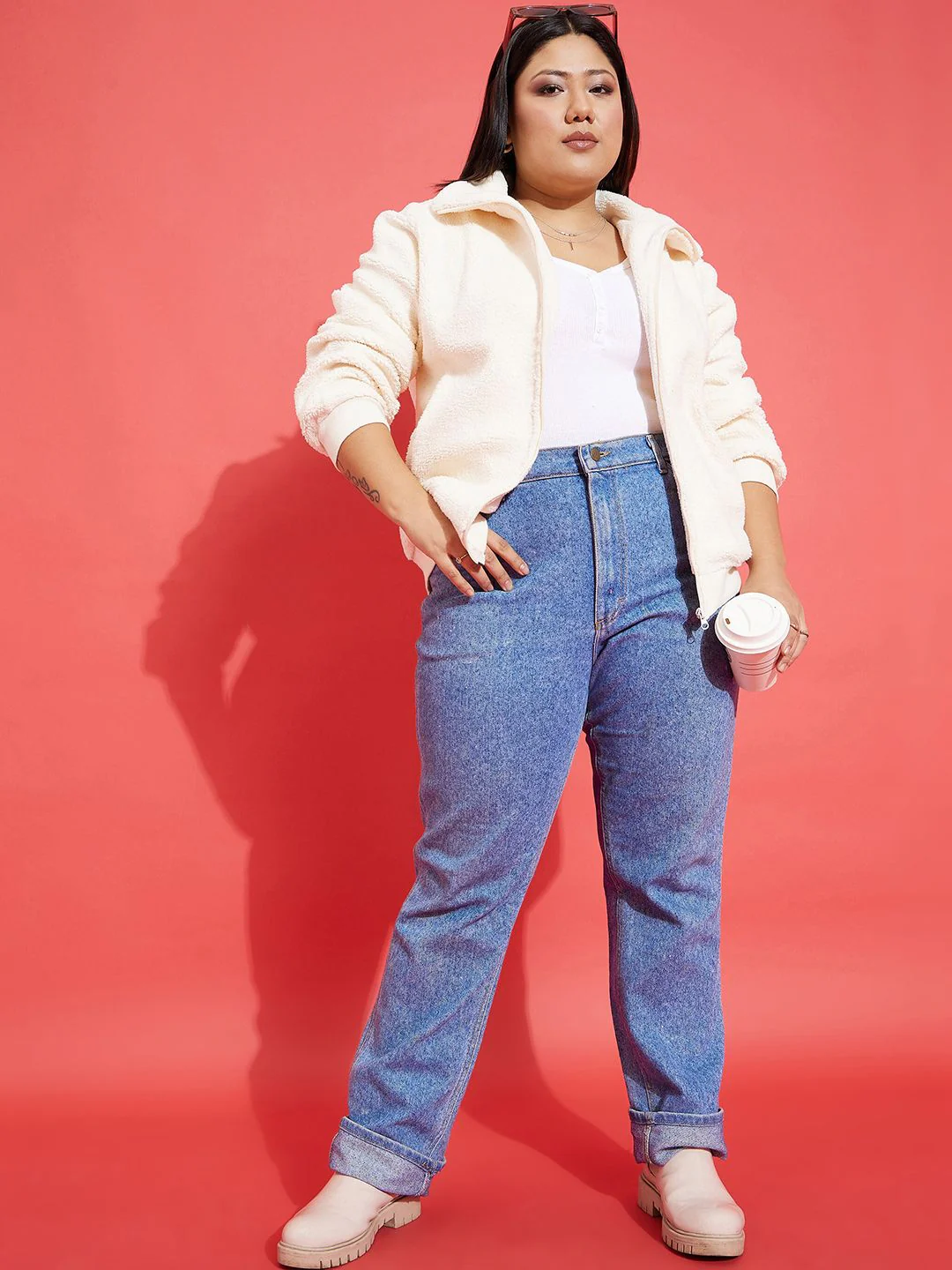 SASSAFRAS Curve Plus Size White Self Design Mock Collar Bomber Jacket - Image 4