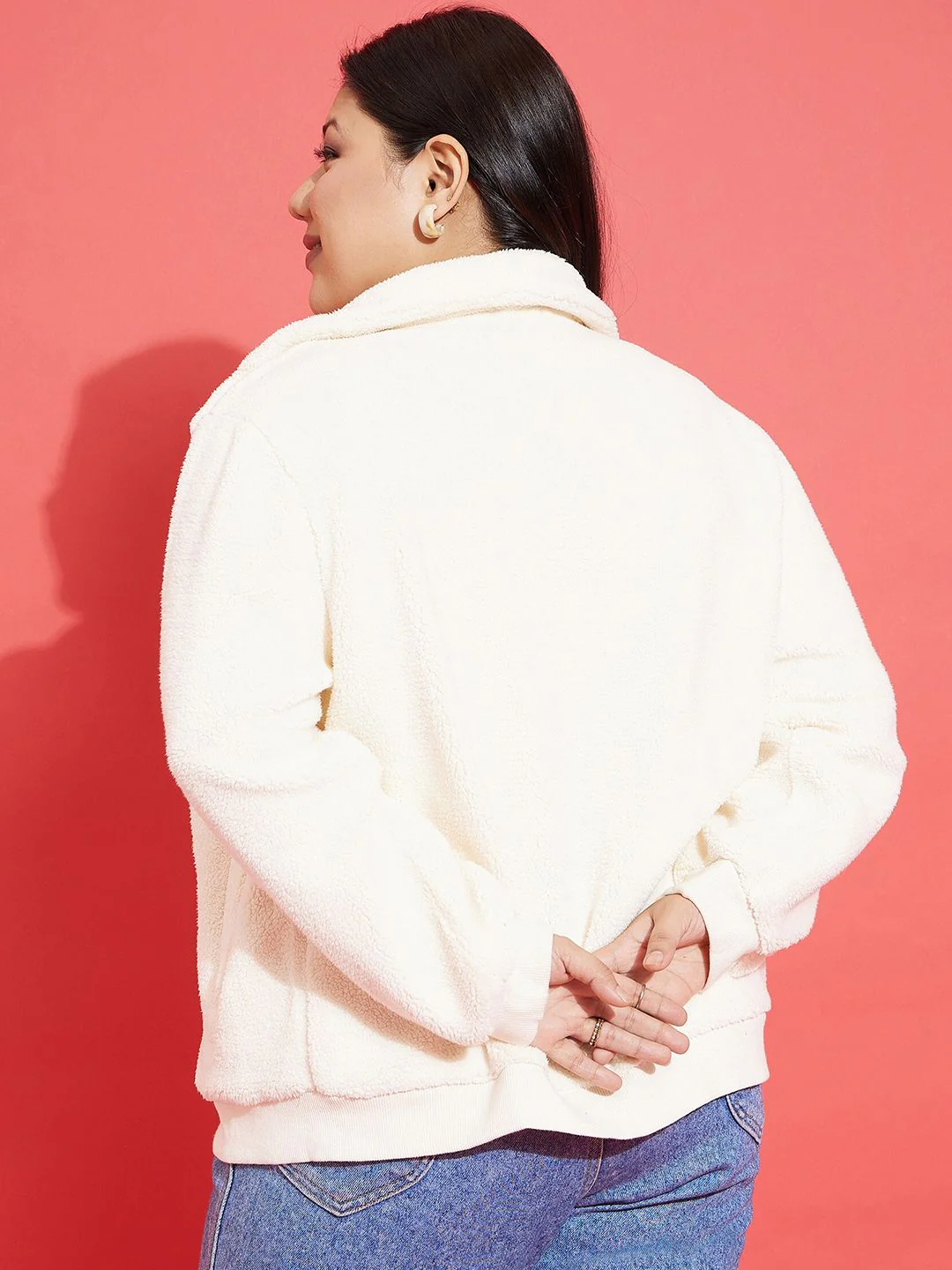 SASSAFRAS Curve Plus Size White Self Design Mock Collar Bomber Jacket - Image 5