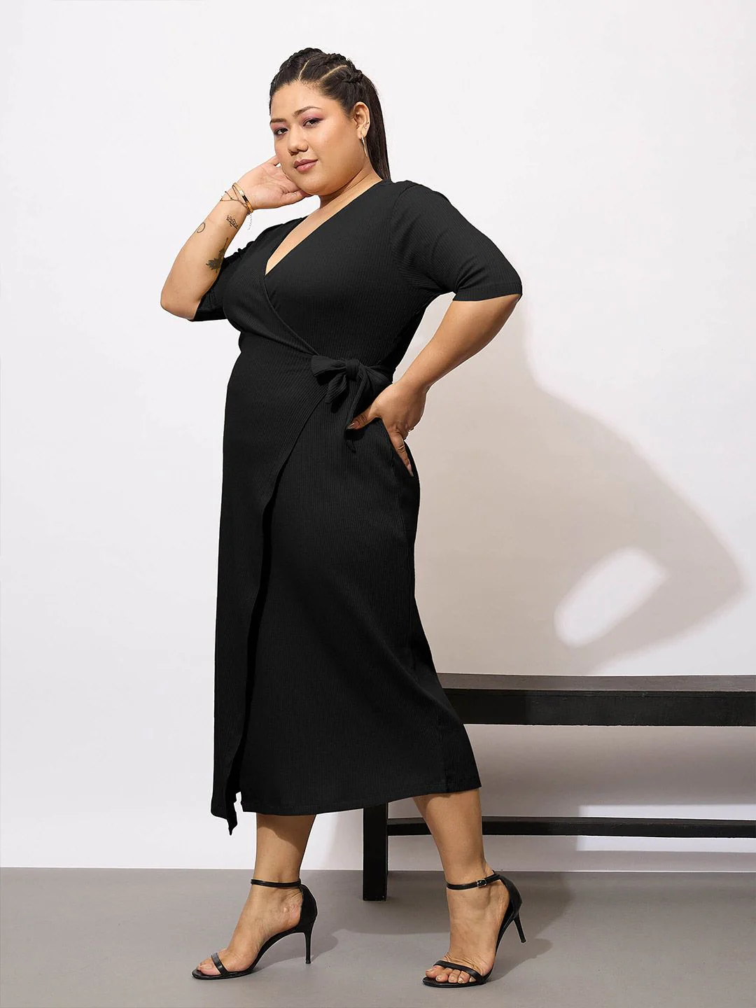SASSAFRAS Curve Plus Size Wrap Bodycon Midi Dress - Image 3