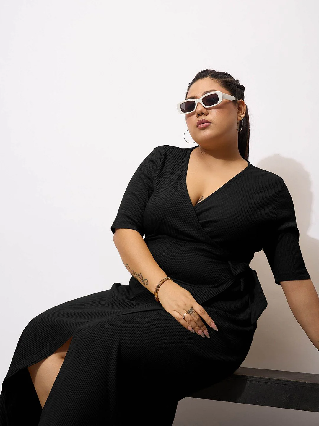 SASSAFRAS Curve Plus Size Wrap Bodycon Midi Dress - Image 4