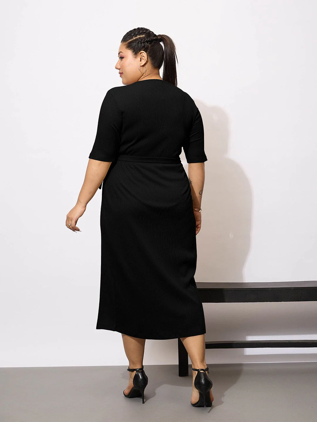 SASSAFRAS Curve Plus Size Wrap Bodycon Midi Dress - Image 5