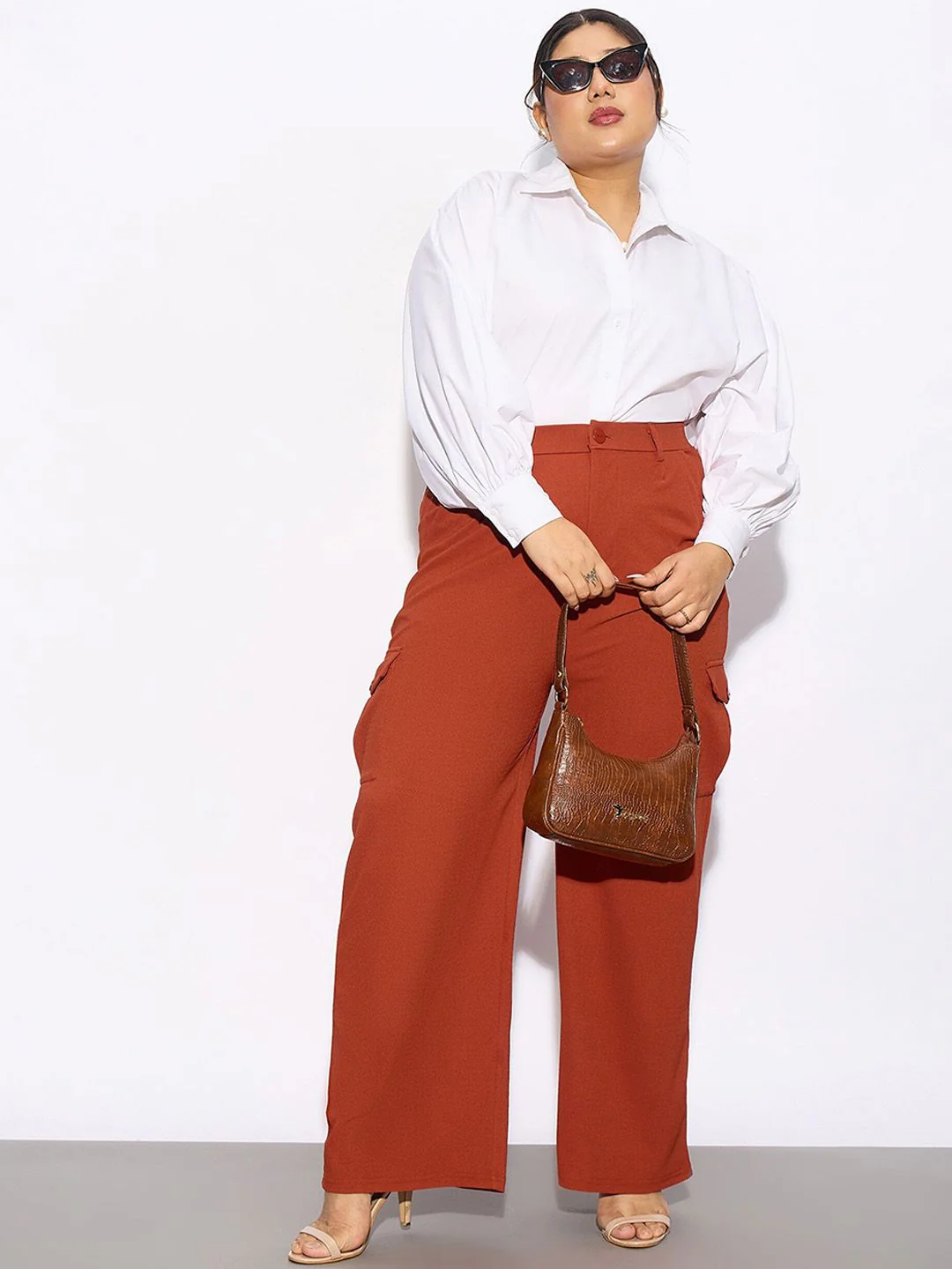 SASSAFRAS Curve Women Plus Size Rust Orange Straight Fit Pleated-Front Cargos Trousers - Image 4