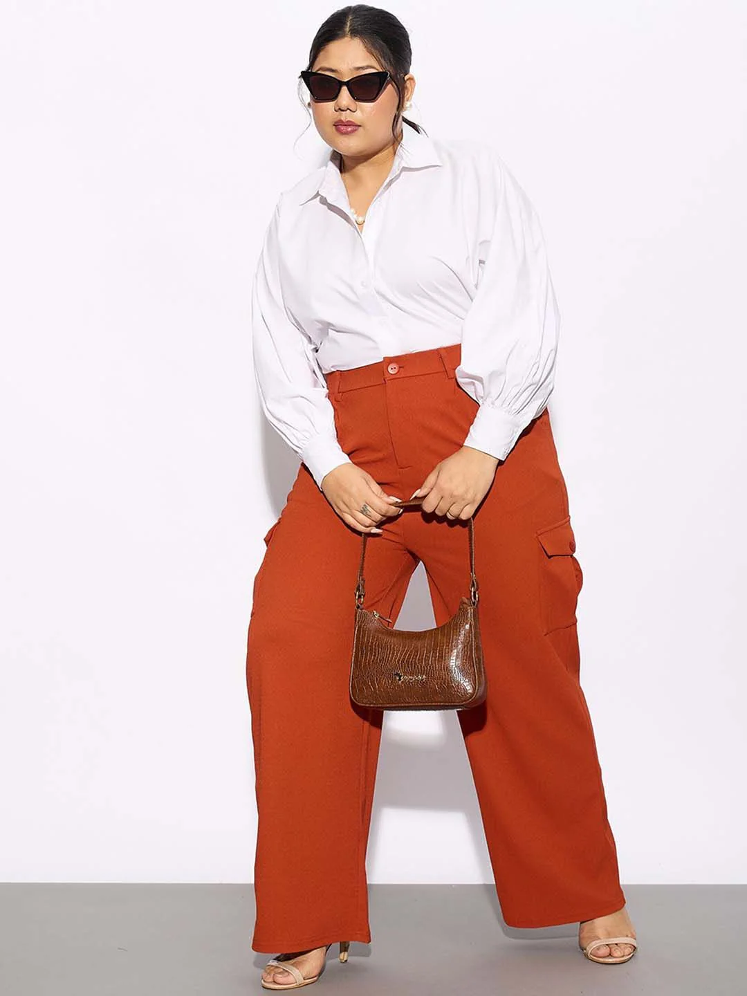 SASSAFRAS Curve Women Plus Size Rust Orange Straight Fit Pleated-Front Cargos Trousers - Image 5