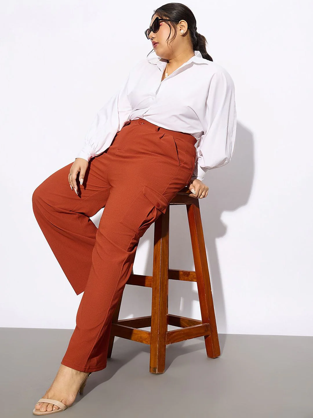 SASSAFRAS Curve Women Plus Size Rust Orange Straight Fit Pleated-Front Cargos Trousers - Image 6
