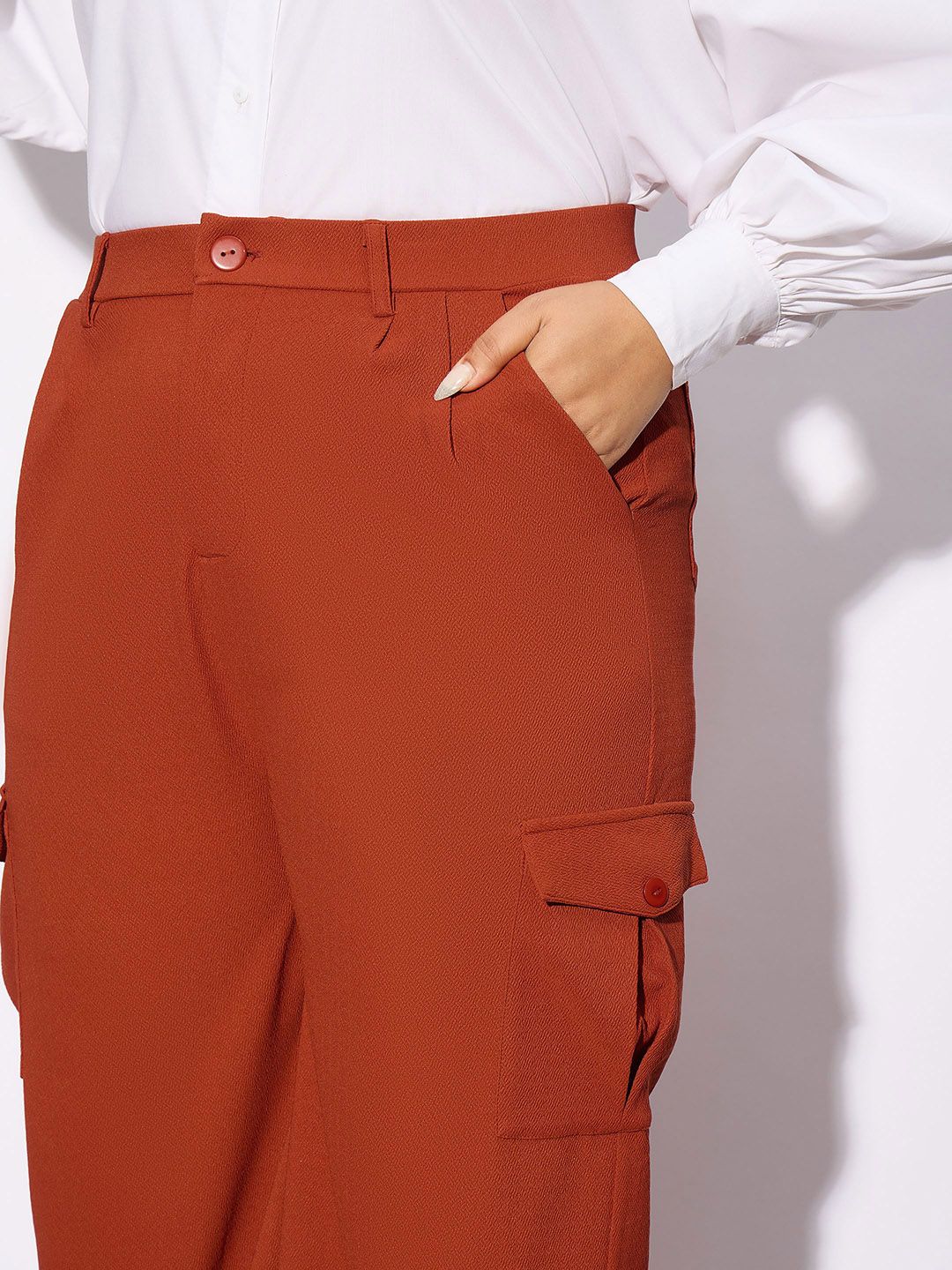 SASSAFRAS Curve Women Plus Size Rust Orange Straight Fit Pleated-Front Cargos Trousers - Image 7