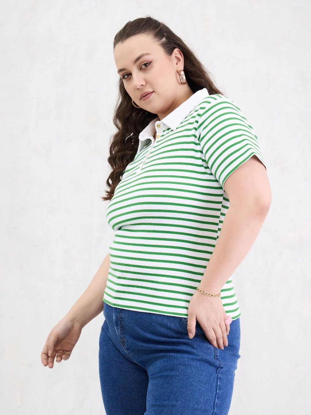 SASSAFRAS Curve Women Plus Size Striped Polo Collar T-shirt - Image 3