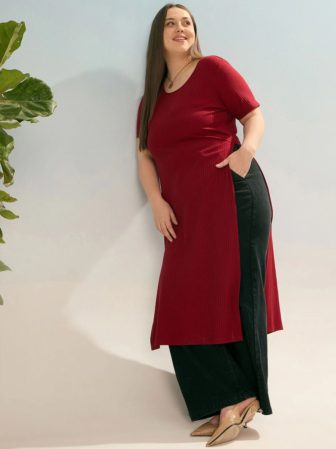 SASSAFRAS Curve Women Solid Ribbed Maxi Longline Top - Image 6