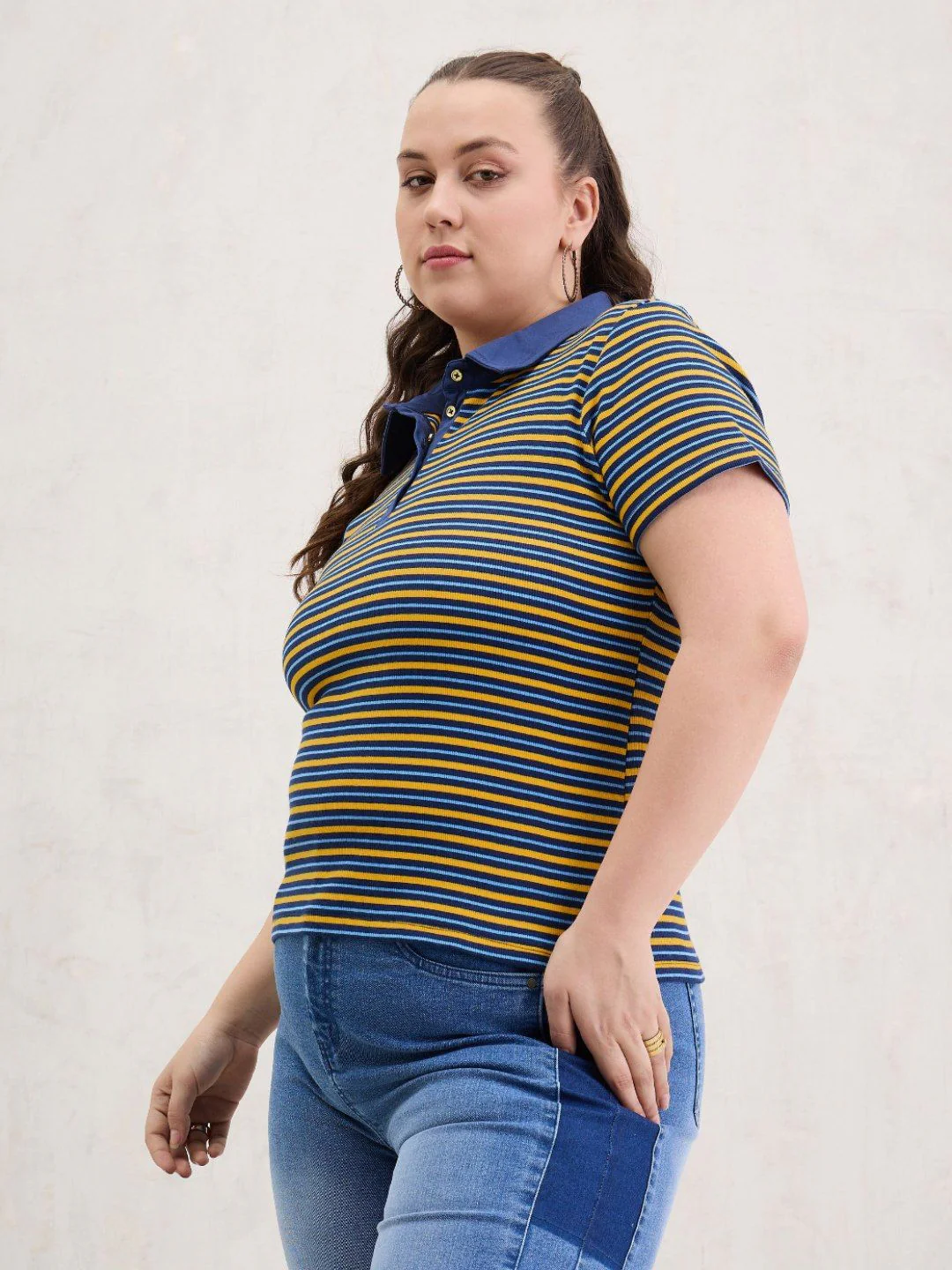 SASSAFRAS Curve Women Striped Polo Collar Pockets T-shirt - Image 3