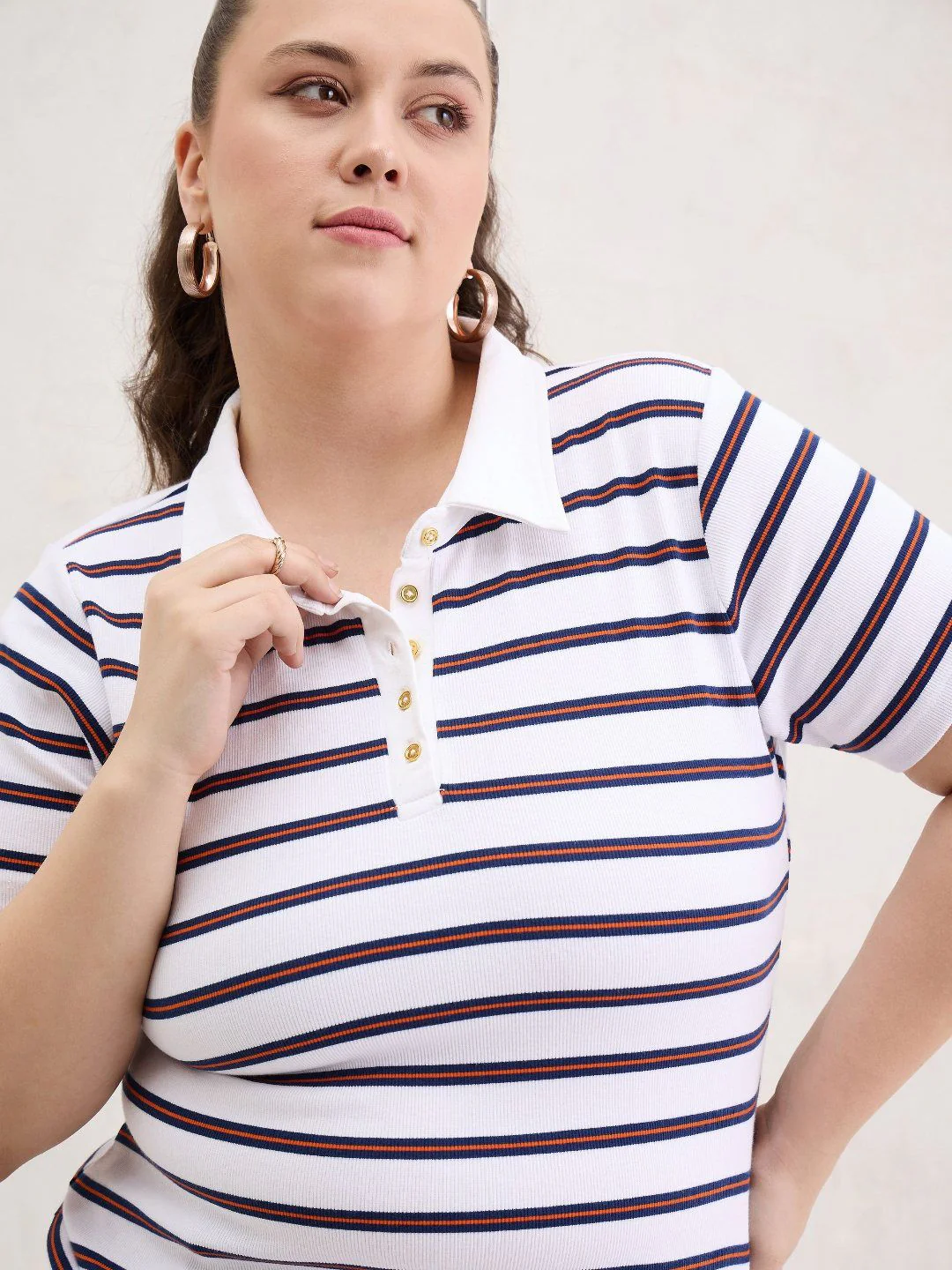 SASSAFRAS Curve Women Striped Polo Collar T-shirt - Image 2