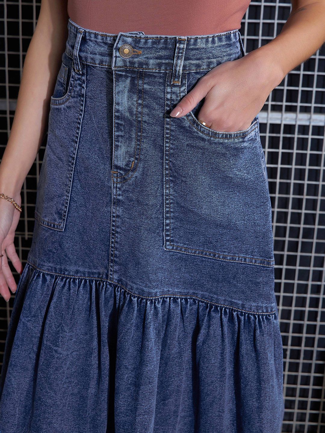 SASSAFRAS Denim Midi Flared Skirt - Image 4