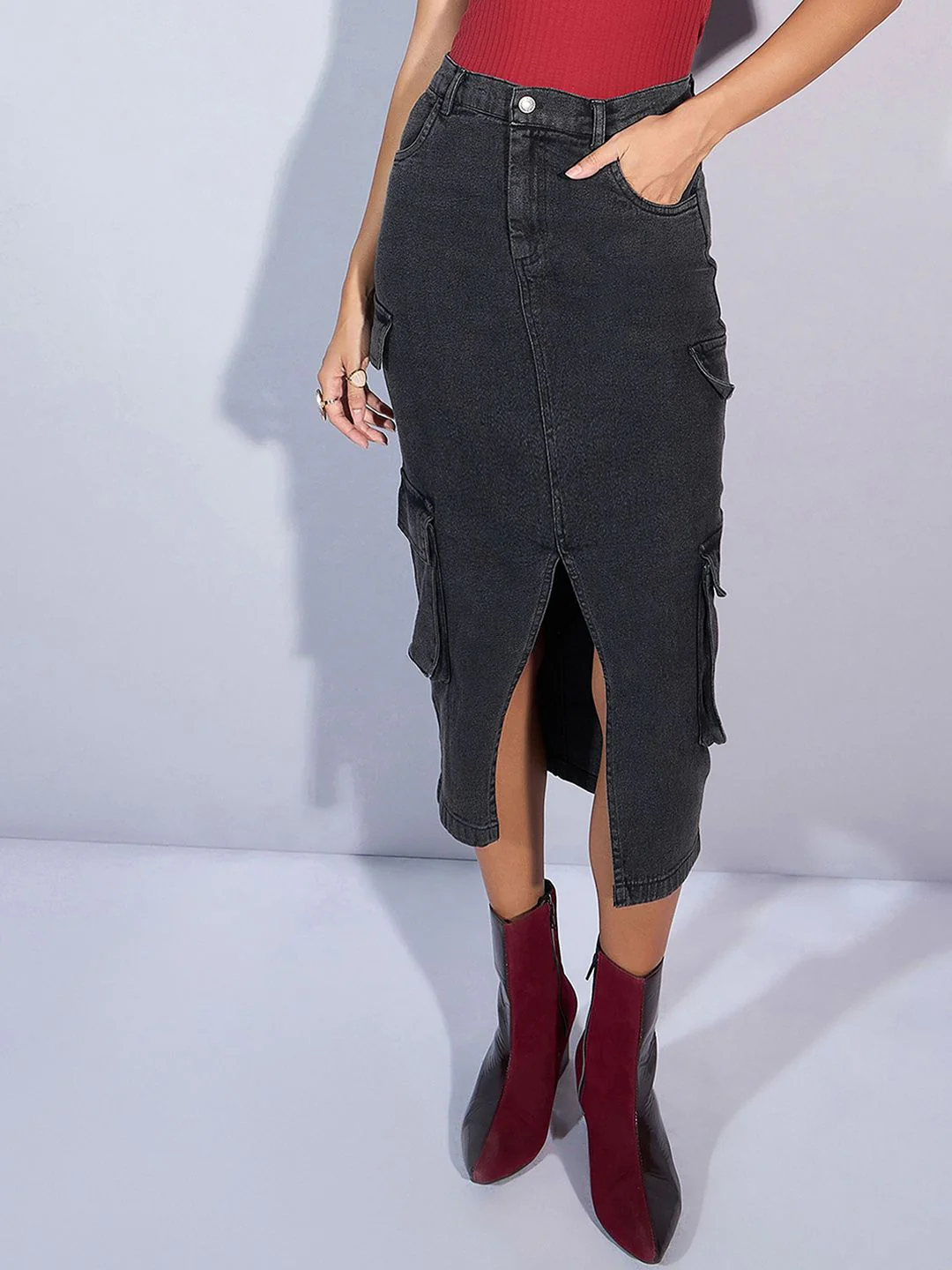 SASSAFRAS Denim Straight Midi Cargo Styles Skirts