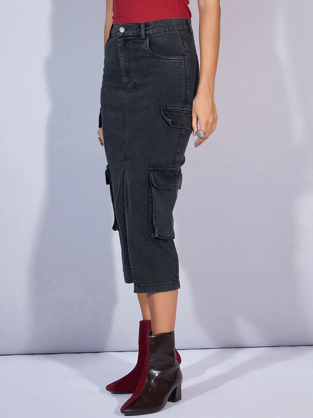 SASSAFRAS Denim Straight Midi Cargo Styles Skirts - Image 2