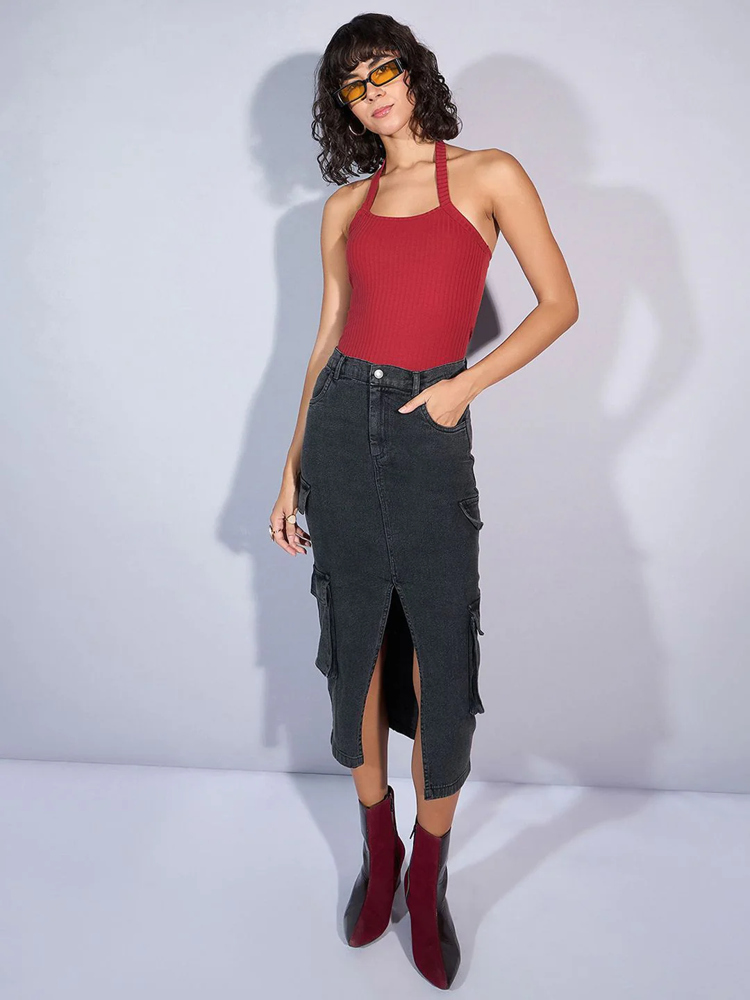 SASSAFRAS Denim Straight Midi Cargo Styles Skirts - Image 4