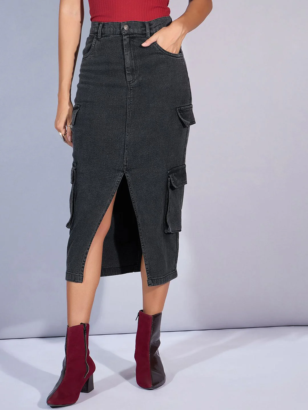 SASSAFRAS Denim Straight Midi Cargo Styles Skirts - Image 5