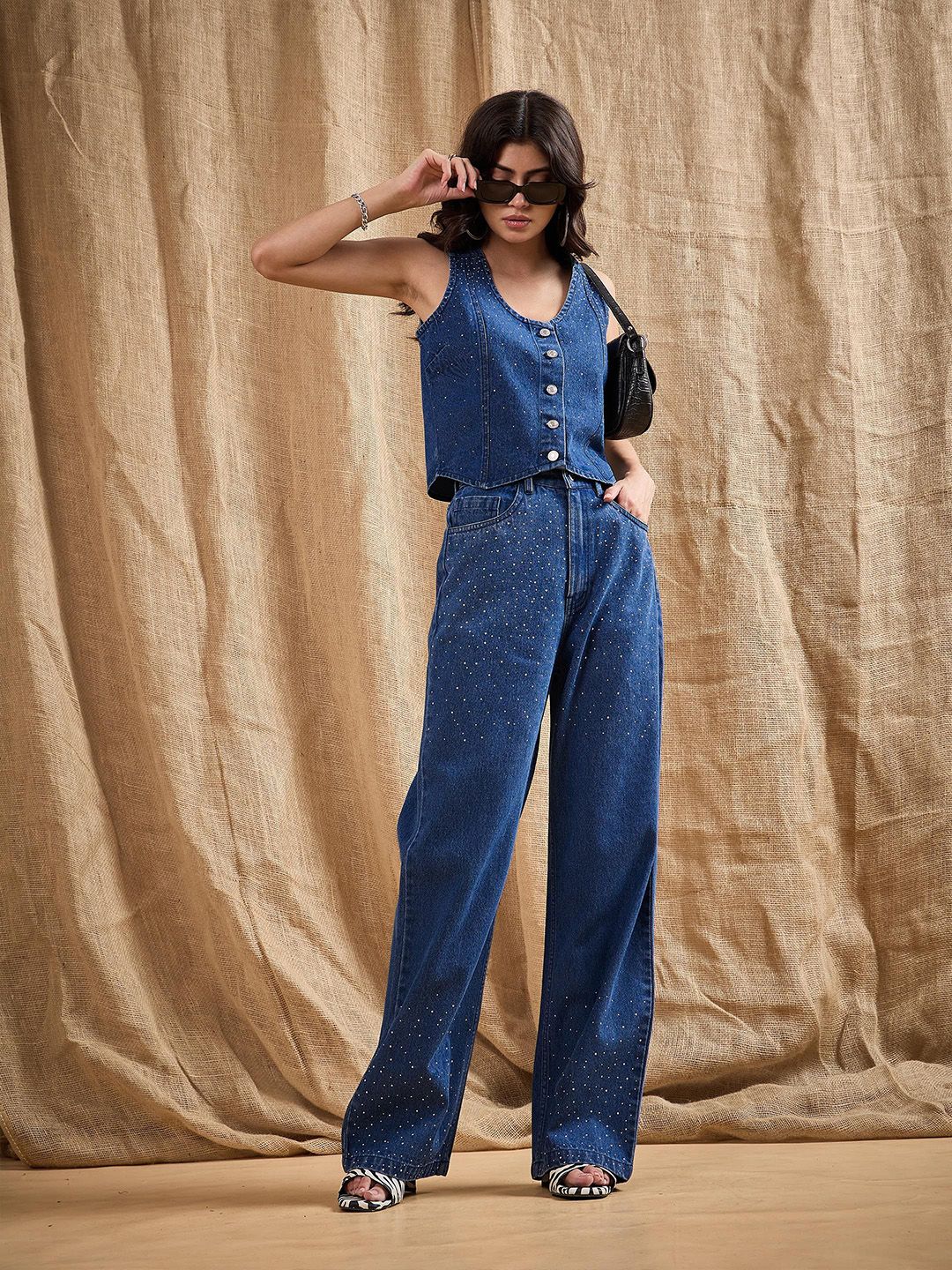 SASSAFRAS Embellished Studded Cotton Denim Shirt Style Top - Image 6