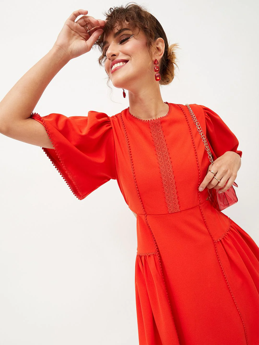 SASSAFRAS Flared Sleeves Lace Inserts And Cut Outs Detail Fit & Flare Dress - Image 7