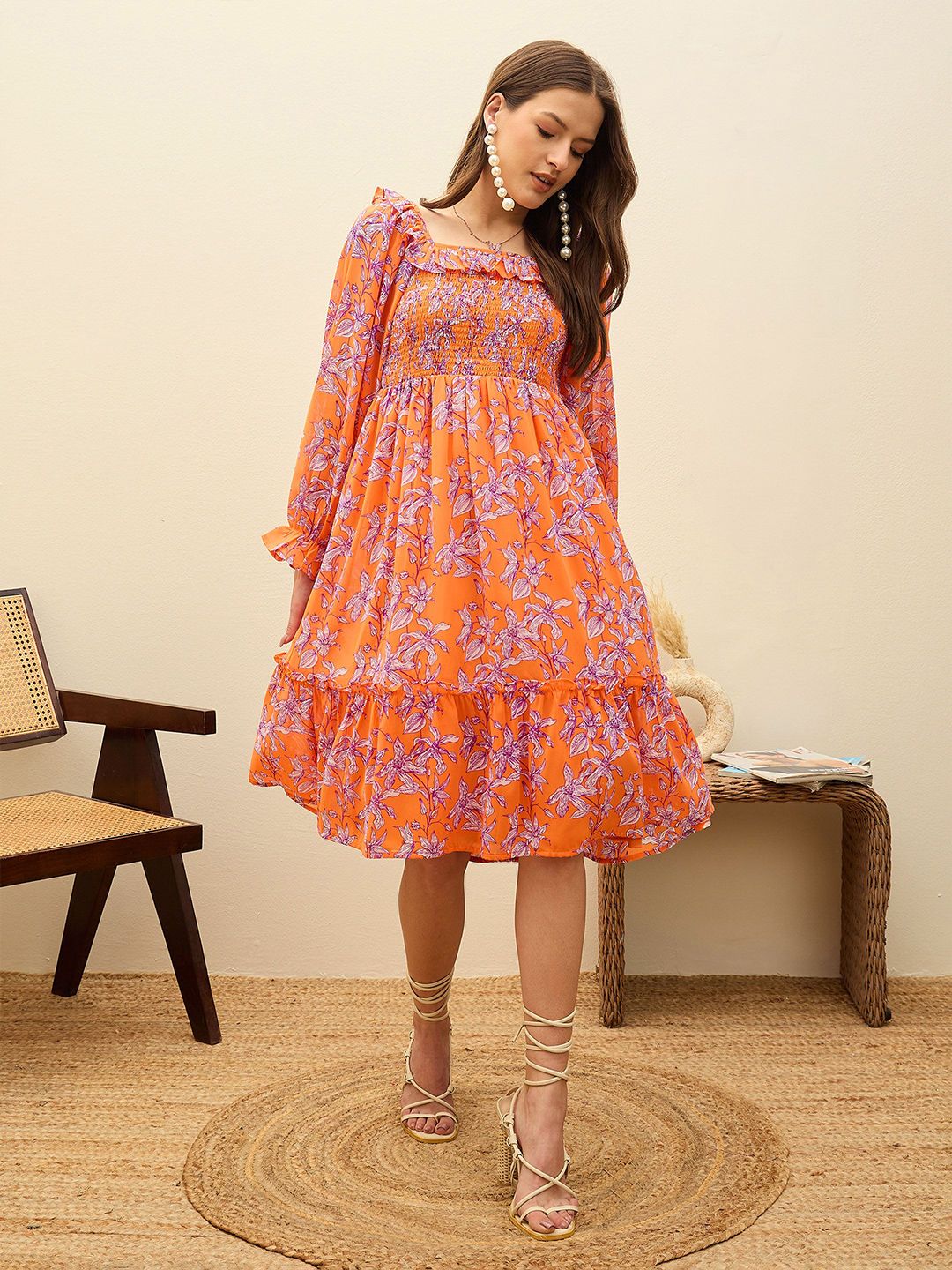SASSAFRAS Floral Print Balloon Sleeve Georgette Fit & Flare Short Dress - Image 2