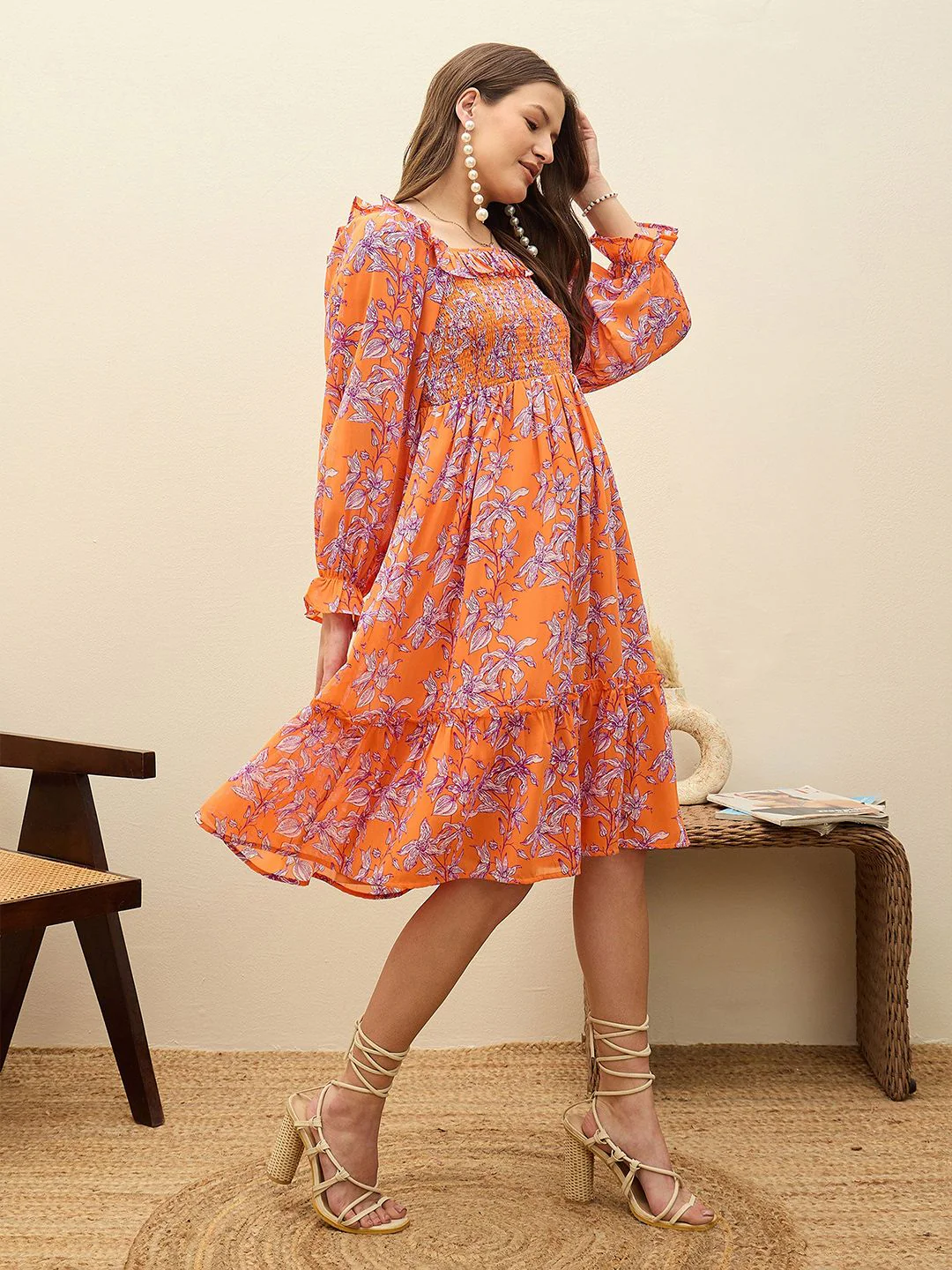 SASSAFRAS Floral Print Balloon Sleeve Georgette Fit & Flare Short Dress - Image 5