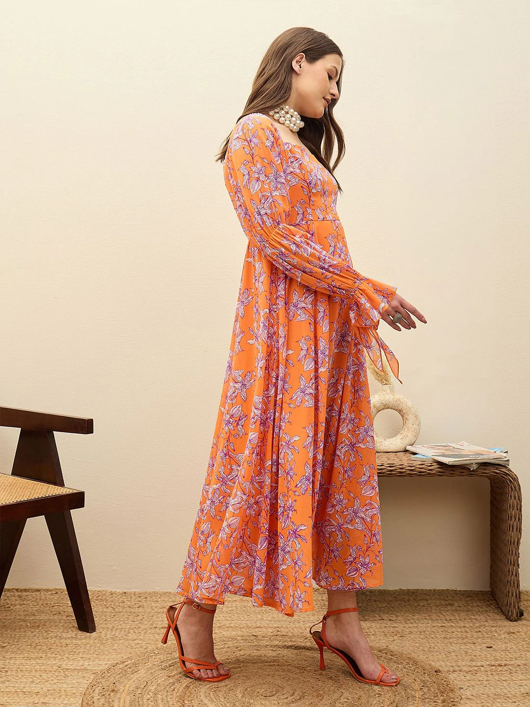 SASSAFRAS Floral Print Flutter Sleeve Georgette Fit & Flare Maxi Dress - Image 3
