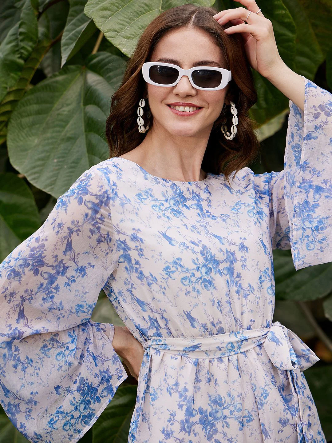SASSAFRAS Floral Printed Boat Neck Long Sleeves Playsuit with Belt - Image 2