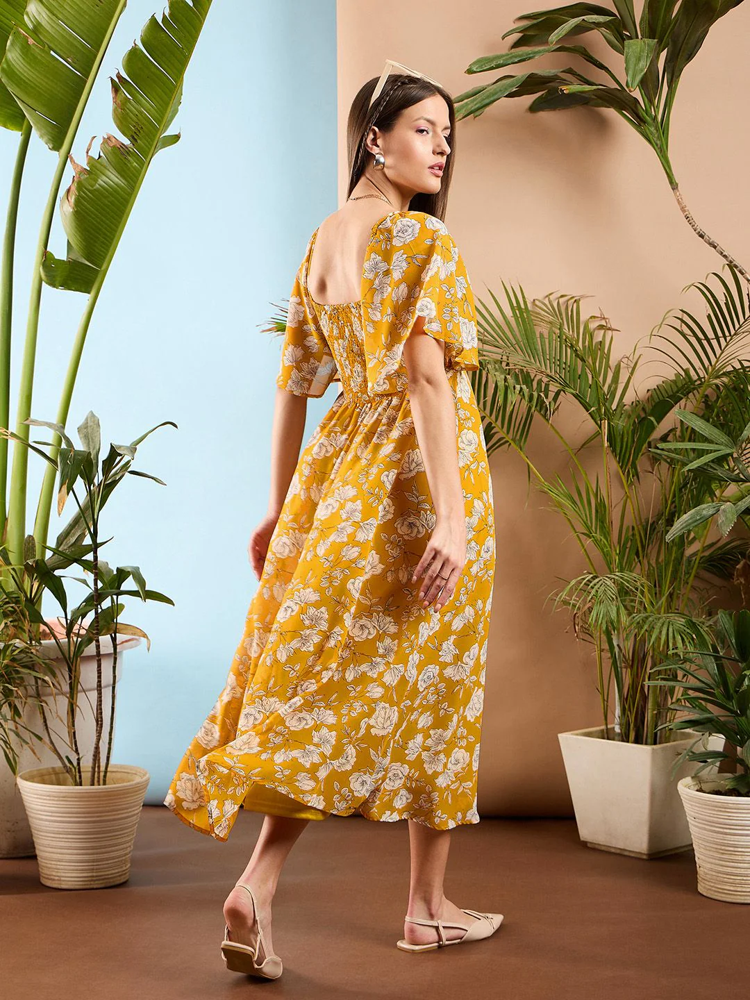 SASSAFRAS Floral Printed Flared Sleeve Front Tie Up Fit & Flare Midi Dress - Image 4