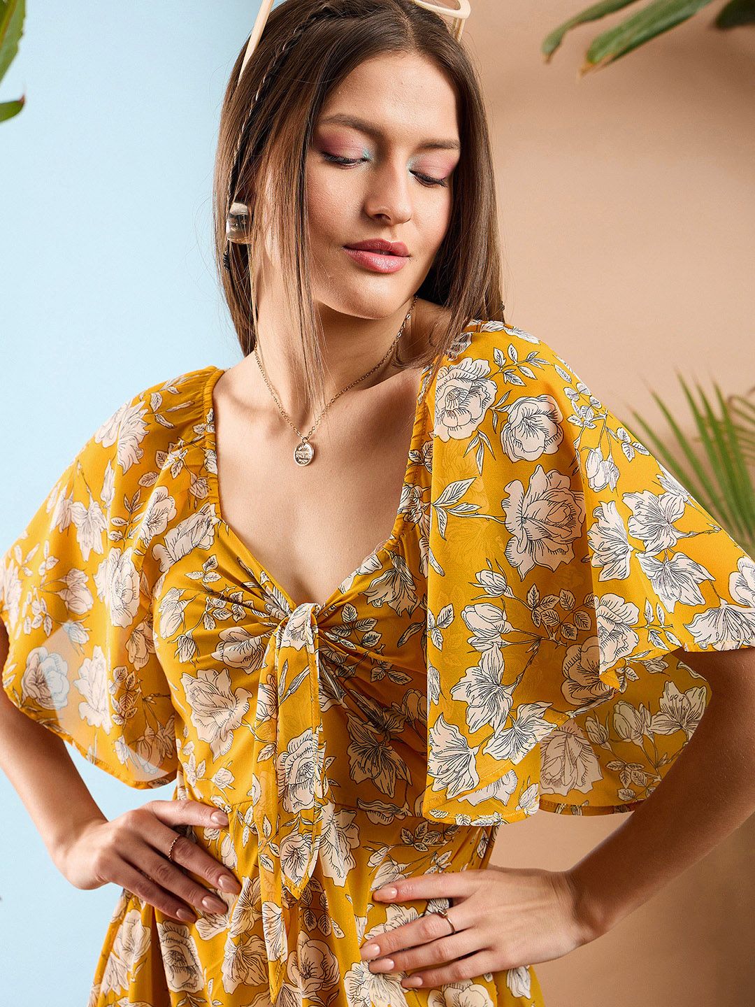 SASSAFRAS Floral Printed Flared Sleeve Front Tie Up Fit & Flare Midi Dress - Image 5