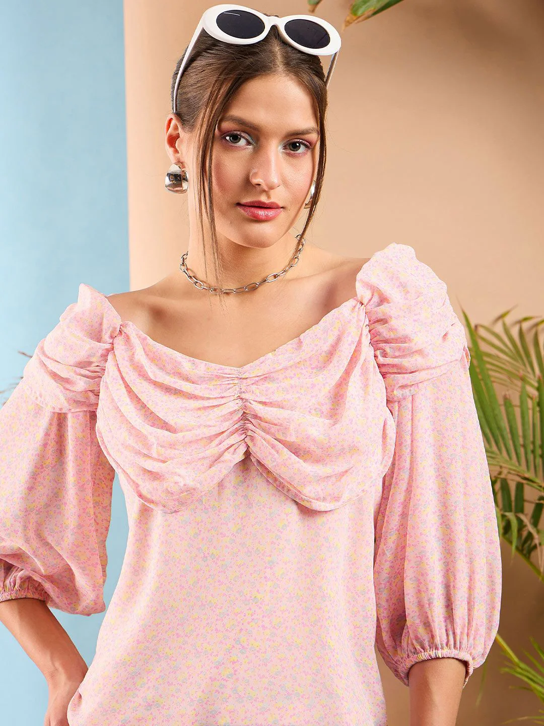 SASSAFRAS Floral Printed Puff Sleeve Ruched Top - Image 2